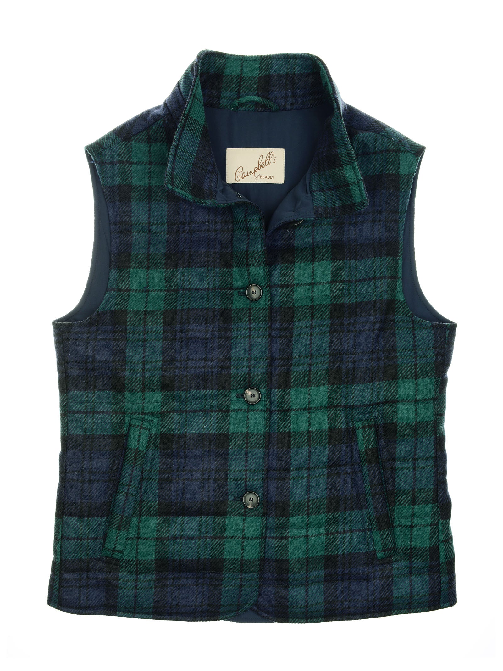 Elevate your layering with the Campbell's of Beauly Quilted Buttoned Tartan Gilet in classic Blackwatch—a sleeveless vest featuring front buttons, two slanted pockets, a label inside the collar, and a timeless British tartan pattern for enduring style.