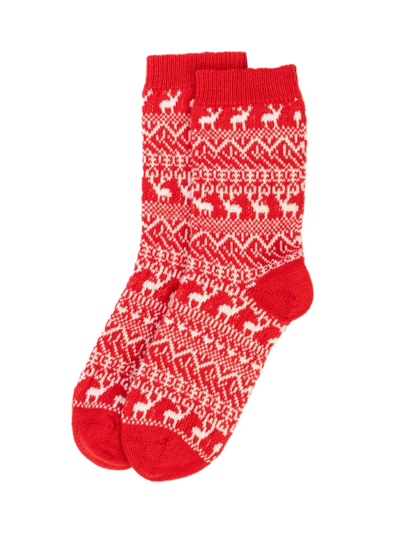 A pair of Campbell’s of Beauly Cashmere Reindeer Socks, featuring a festive red and white reindeer and geometric pattern, is laid flat on a white background.