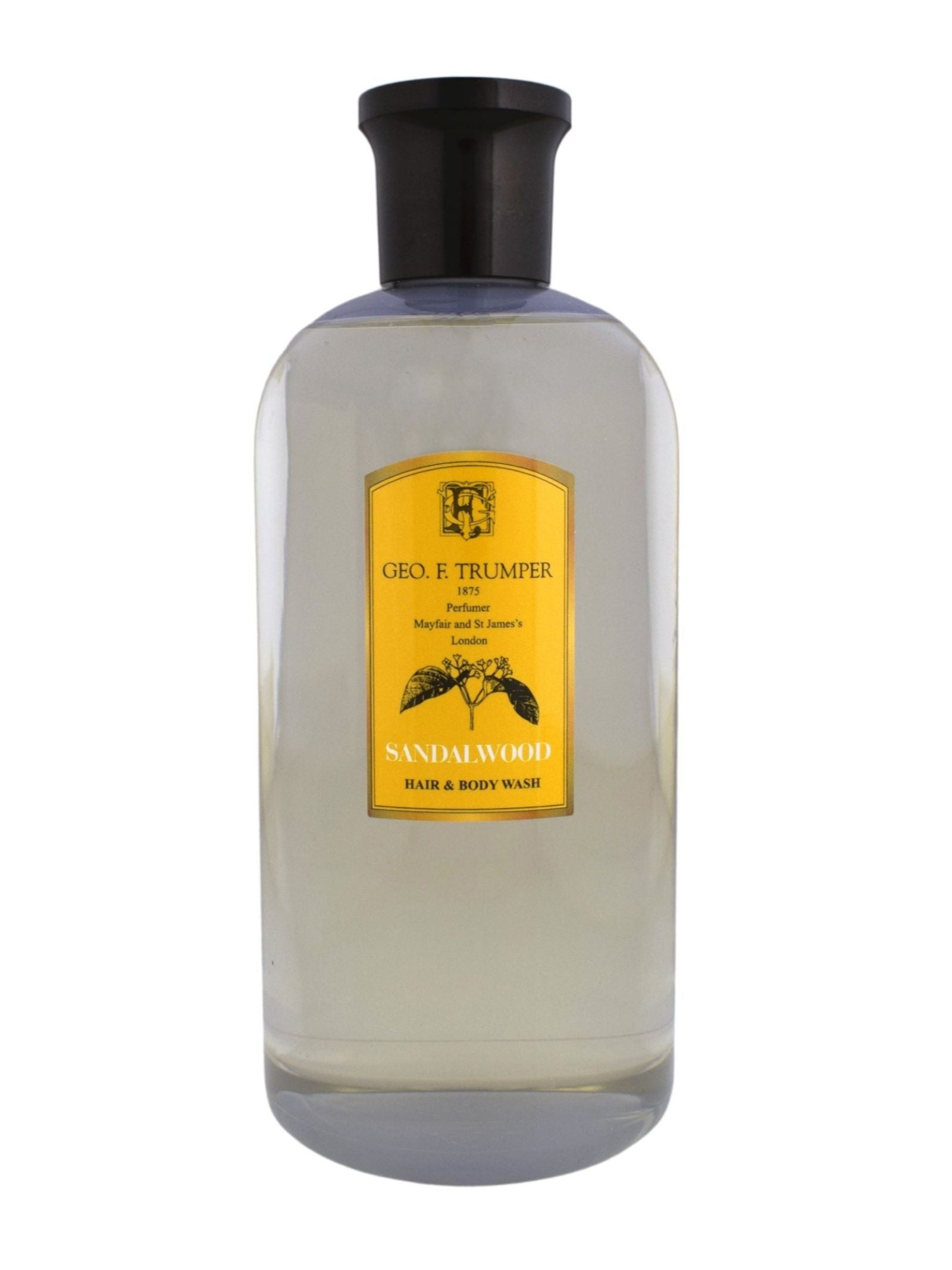 A clear bottle of Geo. F. Trumper Hair & Body Wash with a black cap and yellow label—ideal for fans of the classic Sandalwood or Spanish Leather fragrances.
