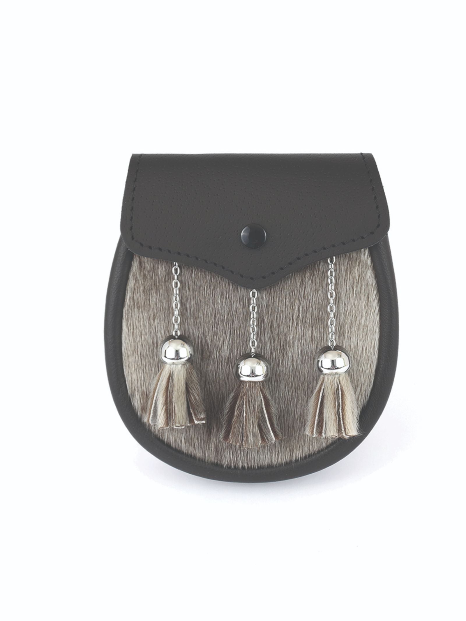 The Seal Skin Sporran by Campbell's of Beauly features black leather, grey fur, and three fur tassels with silver caps on chains—an ideal accessory for completing Highland dress at ceremonial occasions.