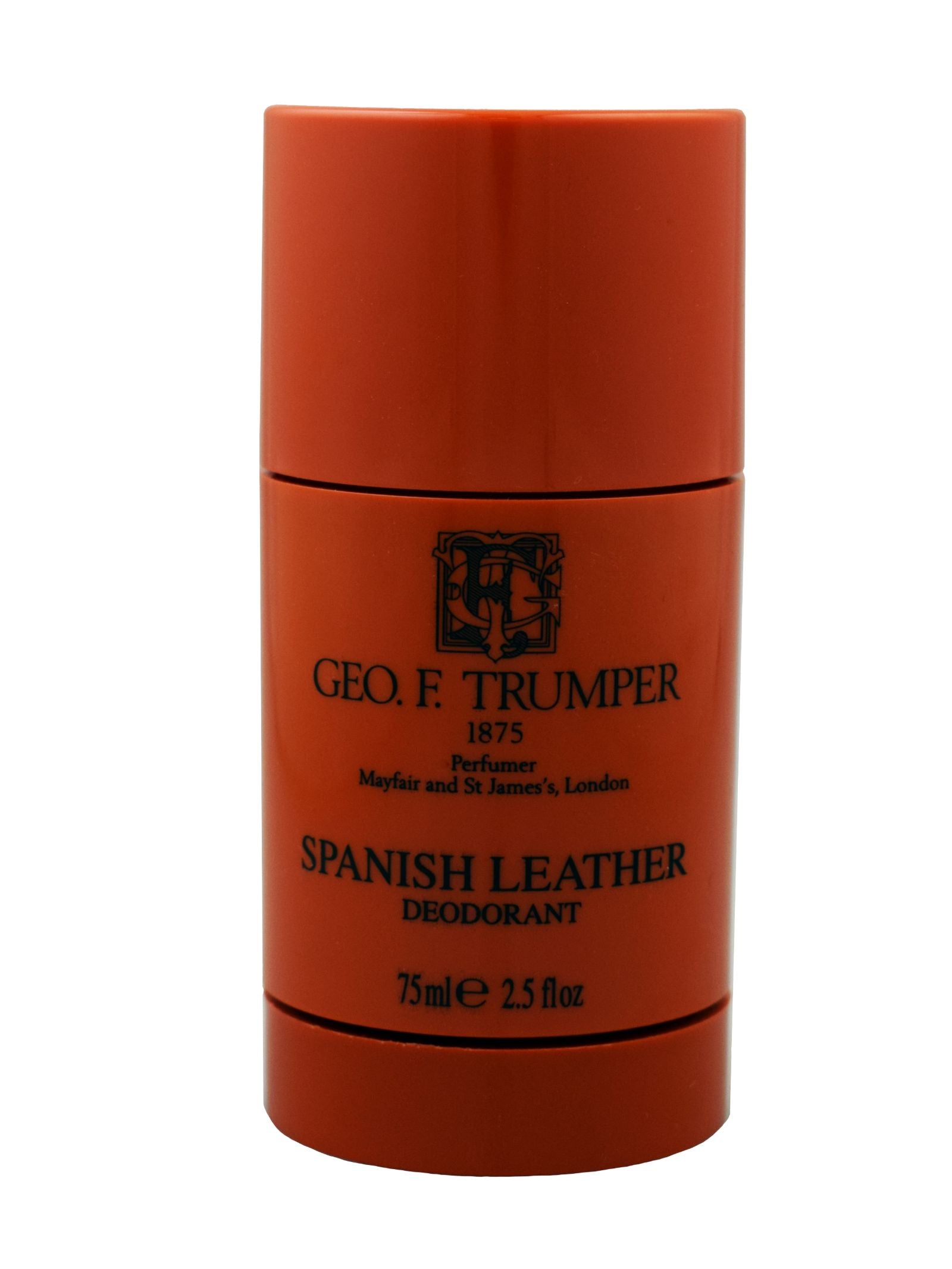 The Geo. F. Trumper Spanish Leather Deodorant Stick, in a 75ml orange cylinder with black text and a decorative logo, provides long-lasting freshness inspired by classic cologne.