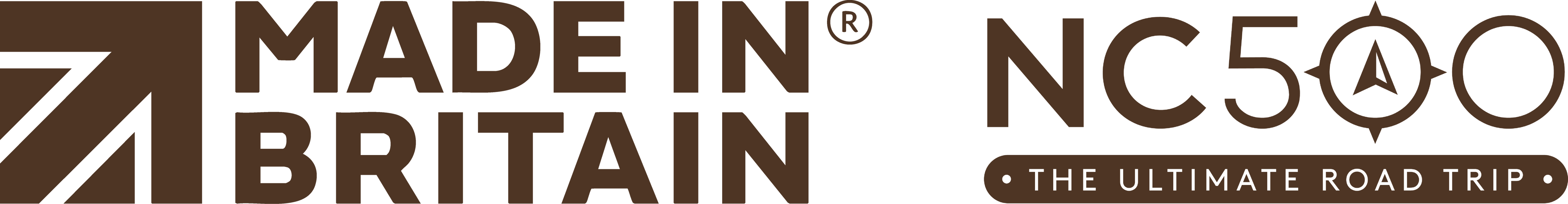 Brown logo with an arrow symbol and the words MADE IN BRITAIN® on the left, and NC500 • The Ultimate Road Trip with a compass in the zero on the right.
