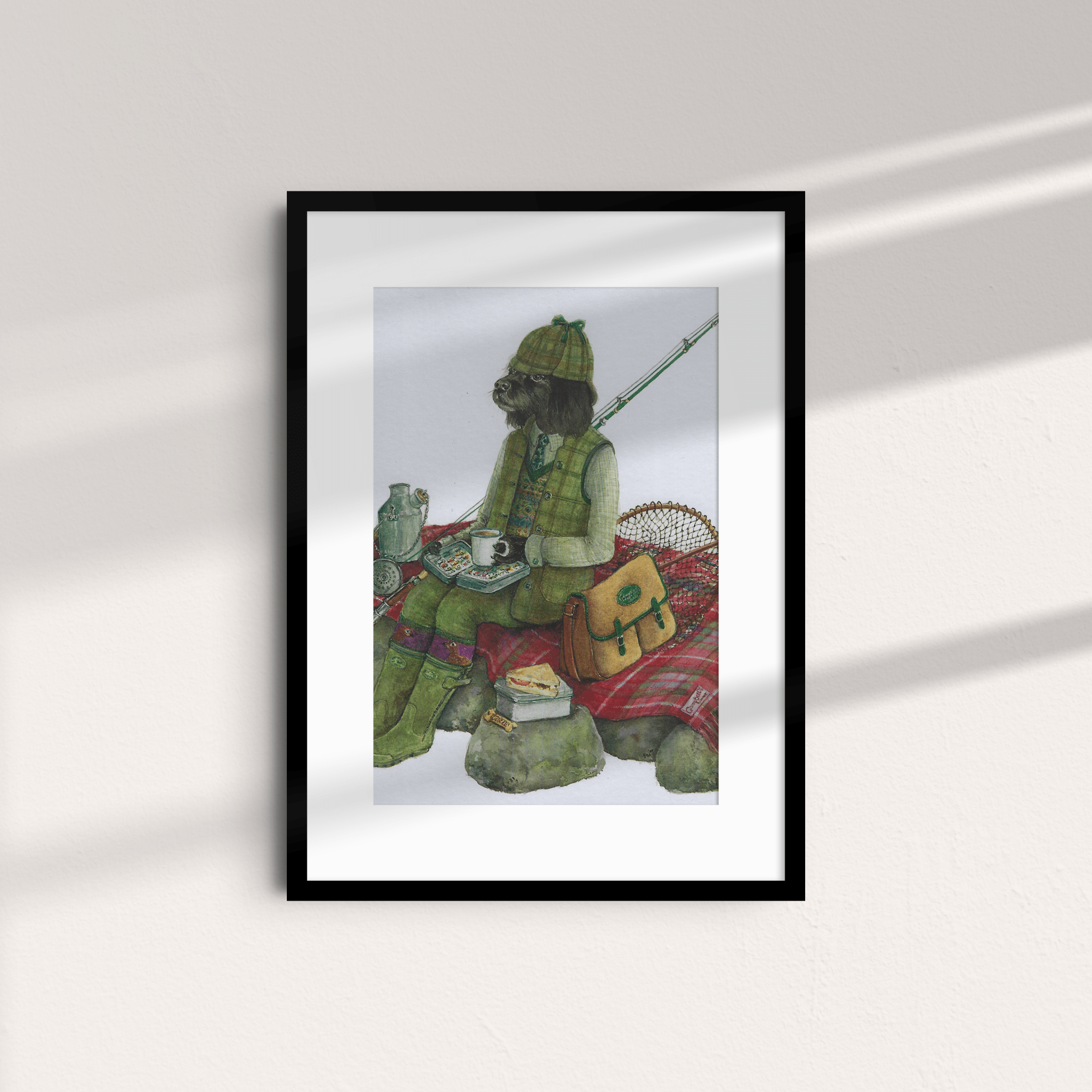 The Fisherman Unframed Print by Campbell's of Beauly features an exclusive illustration of an animal hunter with classic gear—ideal wall art to bring charm and light to any neutral space.