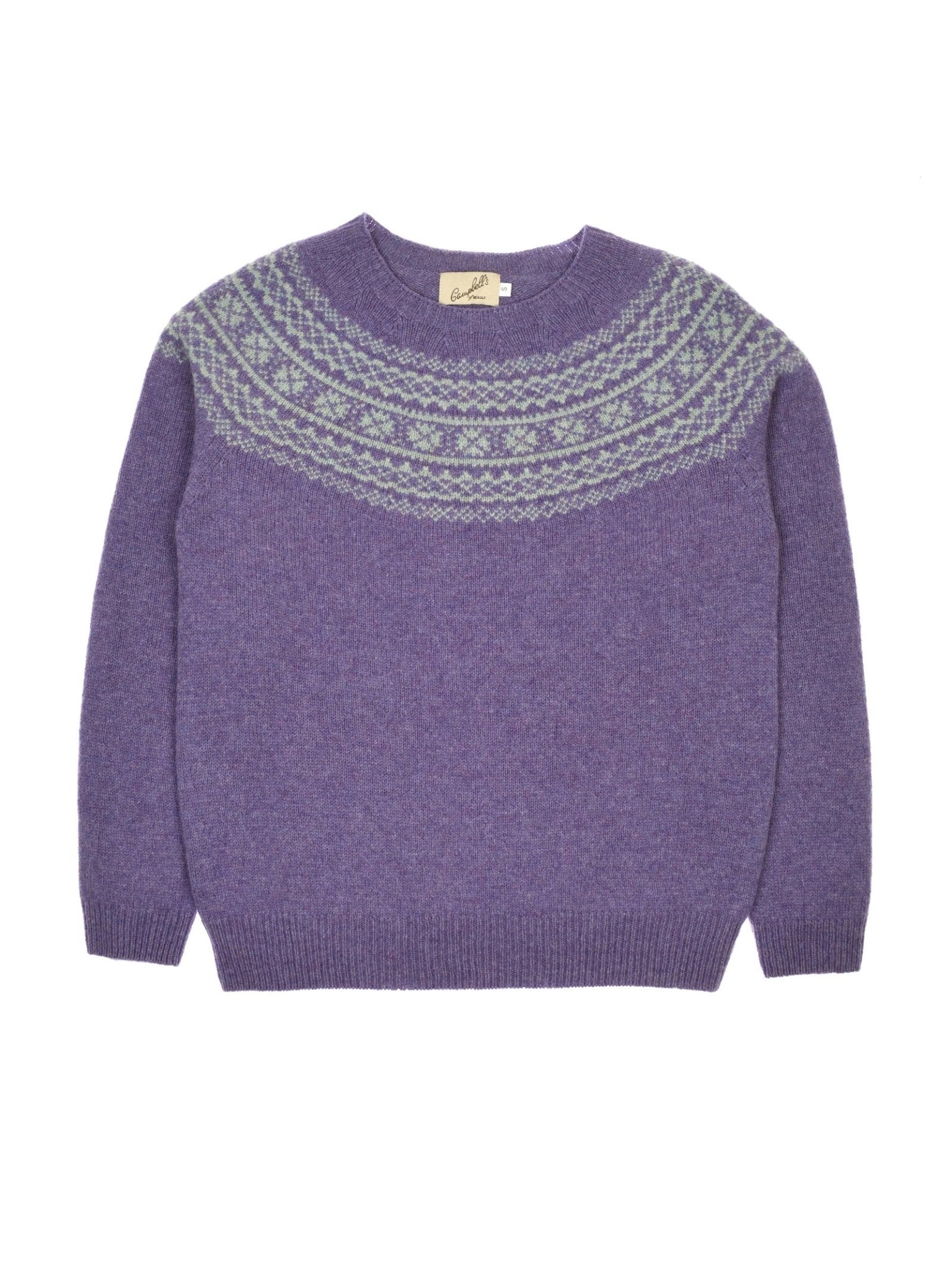 The Auld Stock Two-Colour Fairisle Yoke Jumper by Campbell's of Beauly is a purple Geelong lambswool knit with a round neck and light blue and white geometric Fairisle design across the chest, inspired by Scottish tradition.