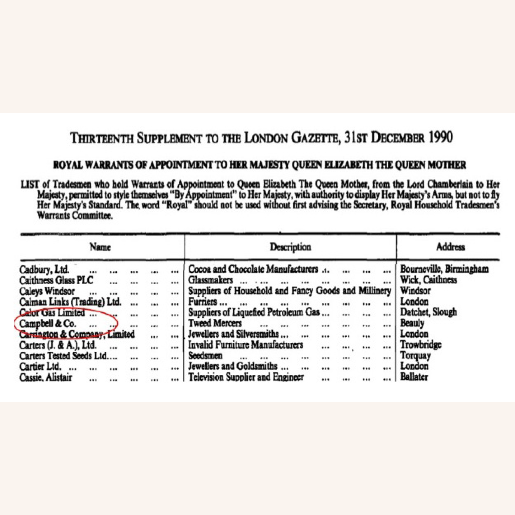A list titled Thirteenth Supplement to the London Gazette, 31st December 1990 showing companies awarded Royal Warrants by Queen Elizabeth The Queen Mother, including Cadbury Ltd, Gilbeys Gin, and Laura Ashley.