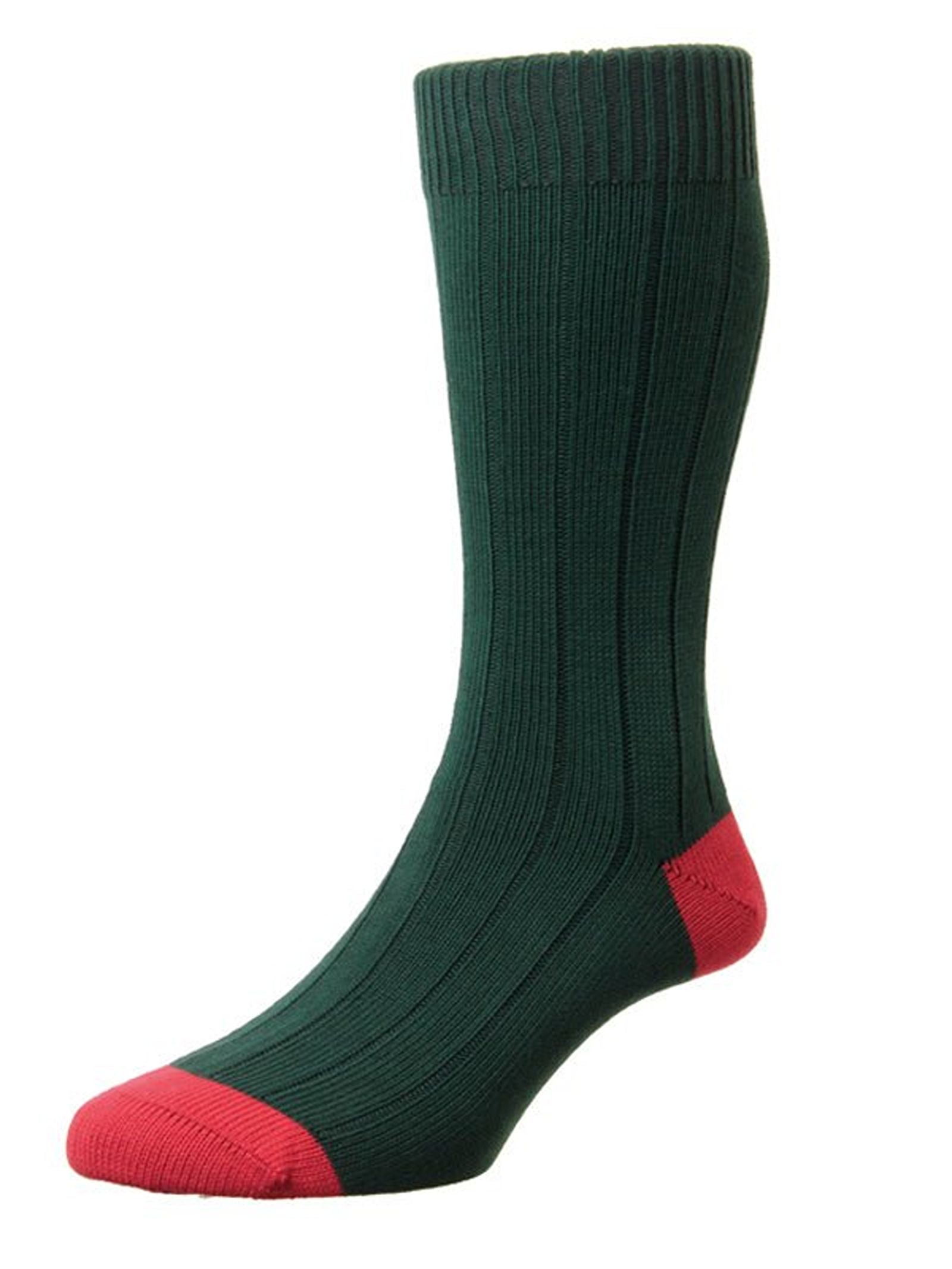 An Oxford Sock by Campbell’s of Beauly, crafted in the UK from dark green ribbed cotton with a contrasting red toe and heel, is displayed on a plain white background.