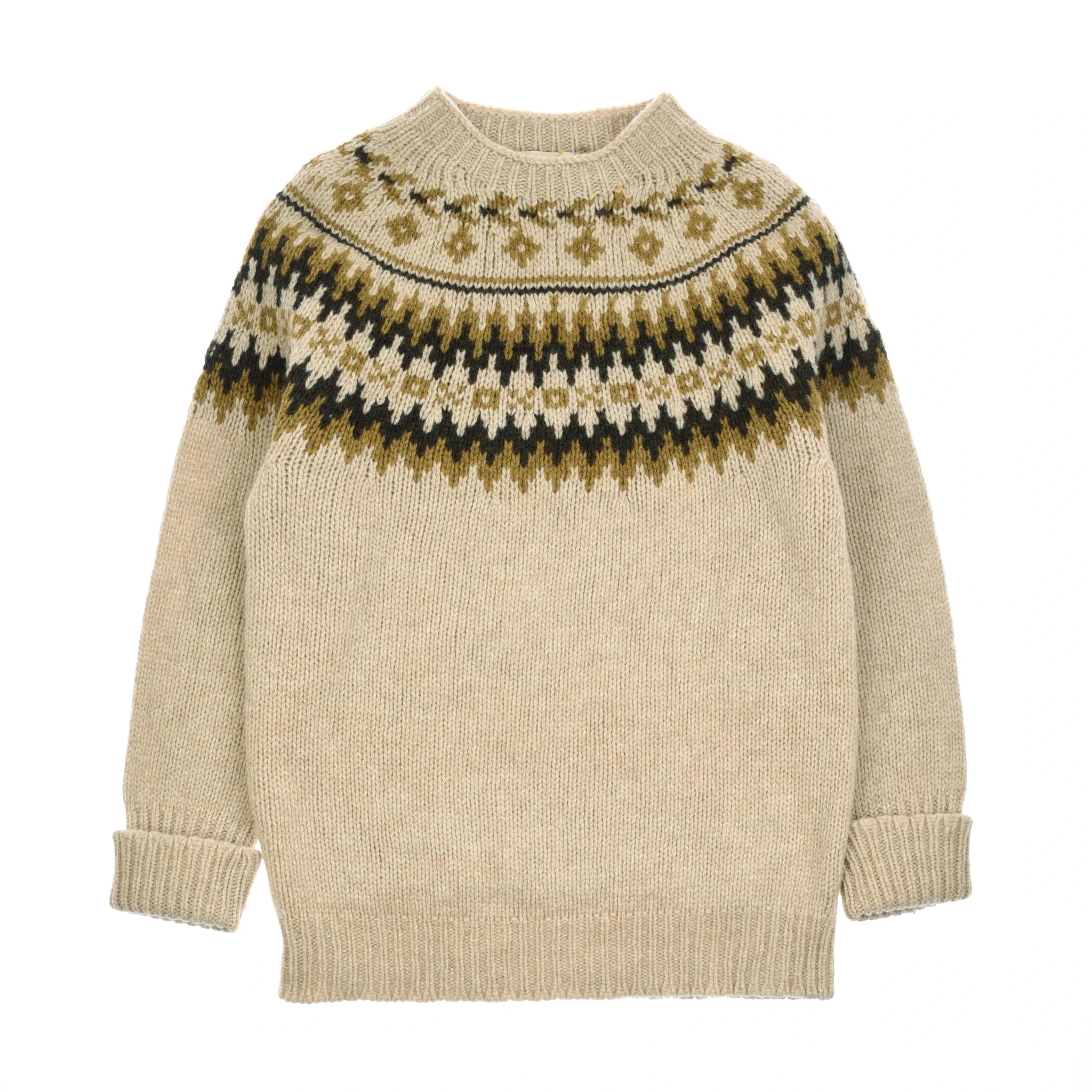 The Auld Stock Chunky Fairisle Jumper by Campbell's of Beauly is a beige Shetland wool knit with long sleeves and a patterned yoke in brown, green, and black—a cozy winter essential for every wardrobe.