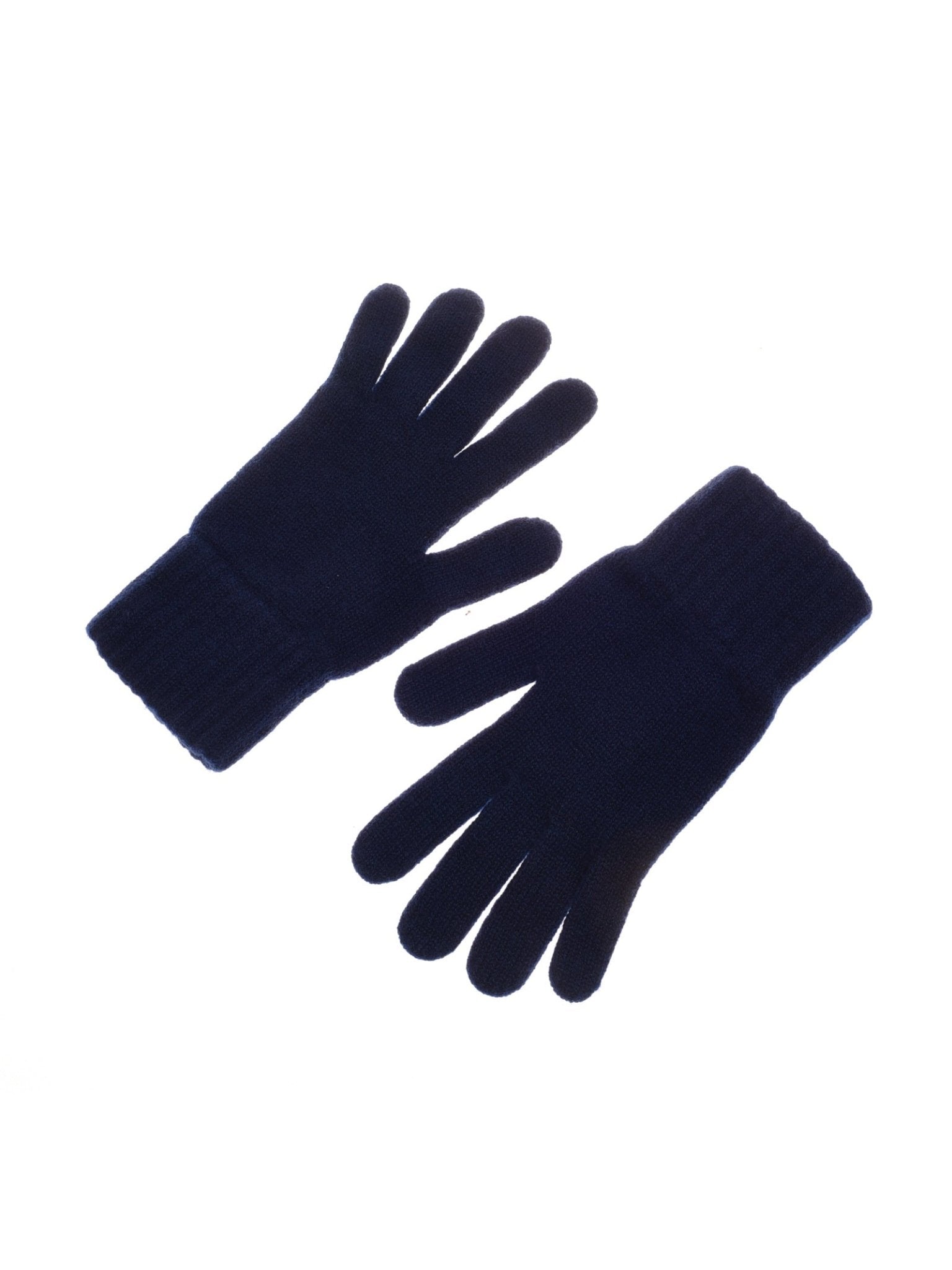 Campbell's of Beauly Cashmere Gloves in navy blue, crafted from luxurious cashmere yarn, are pictured laid flat on a white background with cuffs outward and fingers slightly spread.