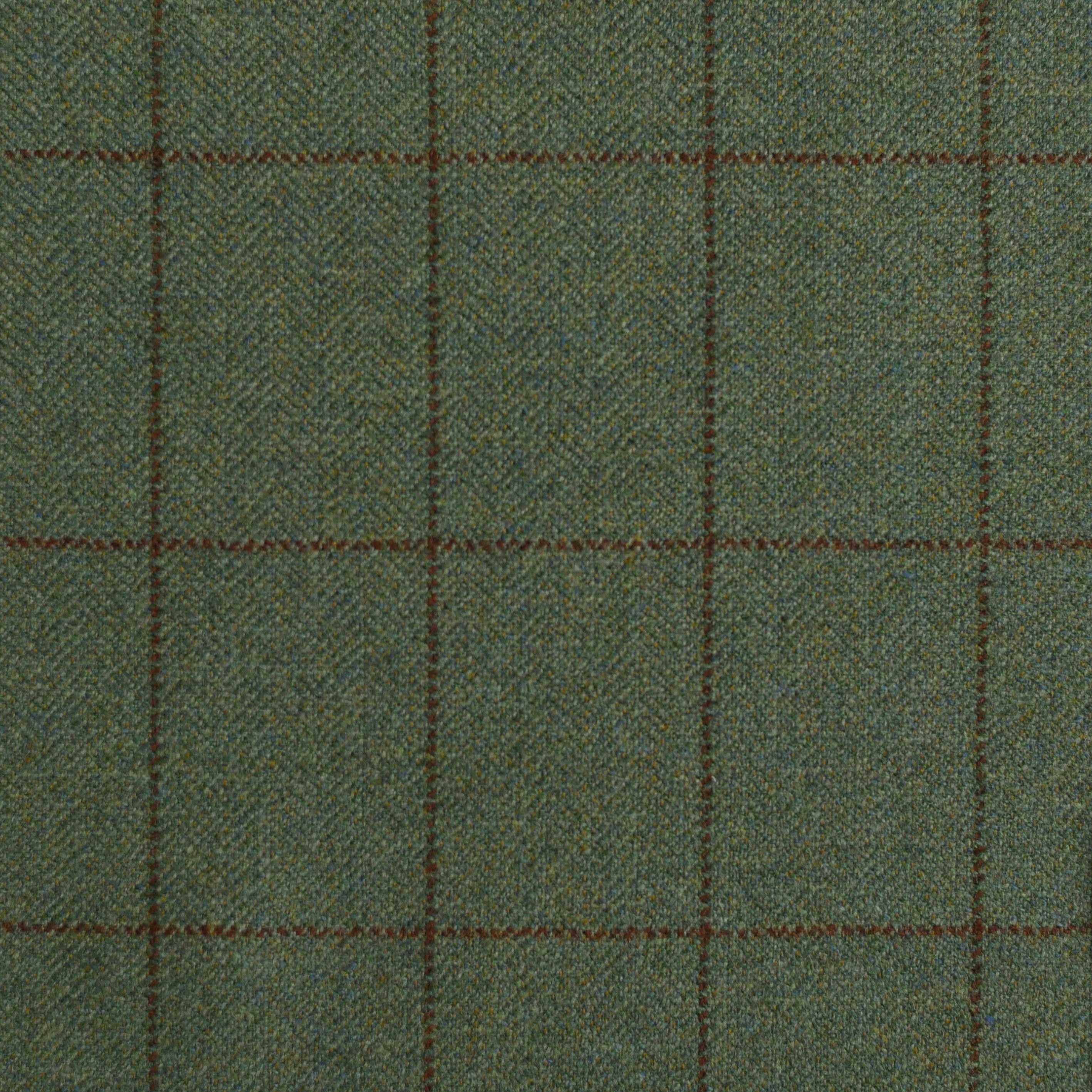 A close-up of Campbells of Beauly House Tweed 30174 shows its green fabric with thin brown lines in a subtle plaid pattern, highlighting the woven texture and making it ideal for bespoke tailoring.