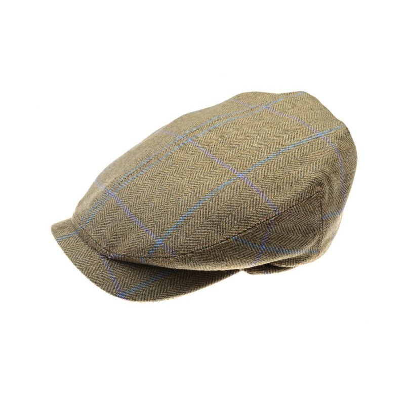 The Auld Stock Unisex Affric Cap by Campbell's of Beauly is a brown tweed flat cap with a subtle blue and beige plaid pattern, inspired by classic British tweed caps, shown on a white background.