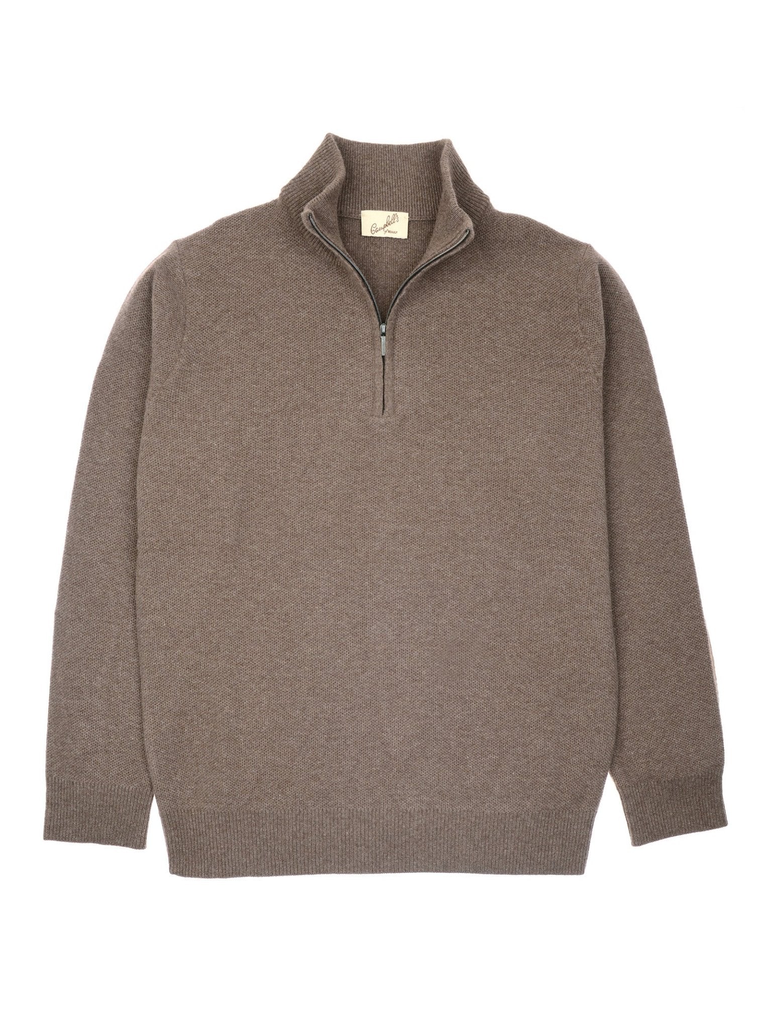 The Auld Stock Piquet Quarter Zip Jumper by Campbell's of Beauly, a brown men’s sweater with ribbed cuffs and hem in piquet knit, is shown laid flat on a white background with a small label visible inside the collar.