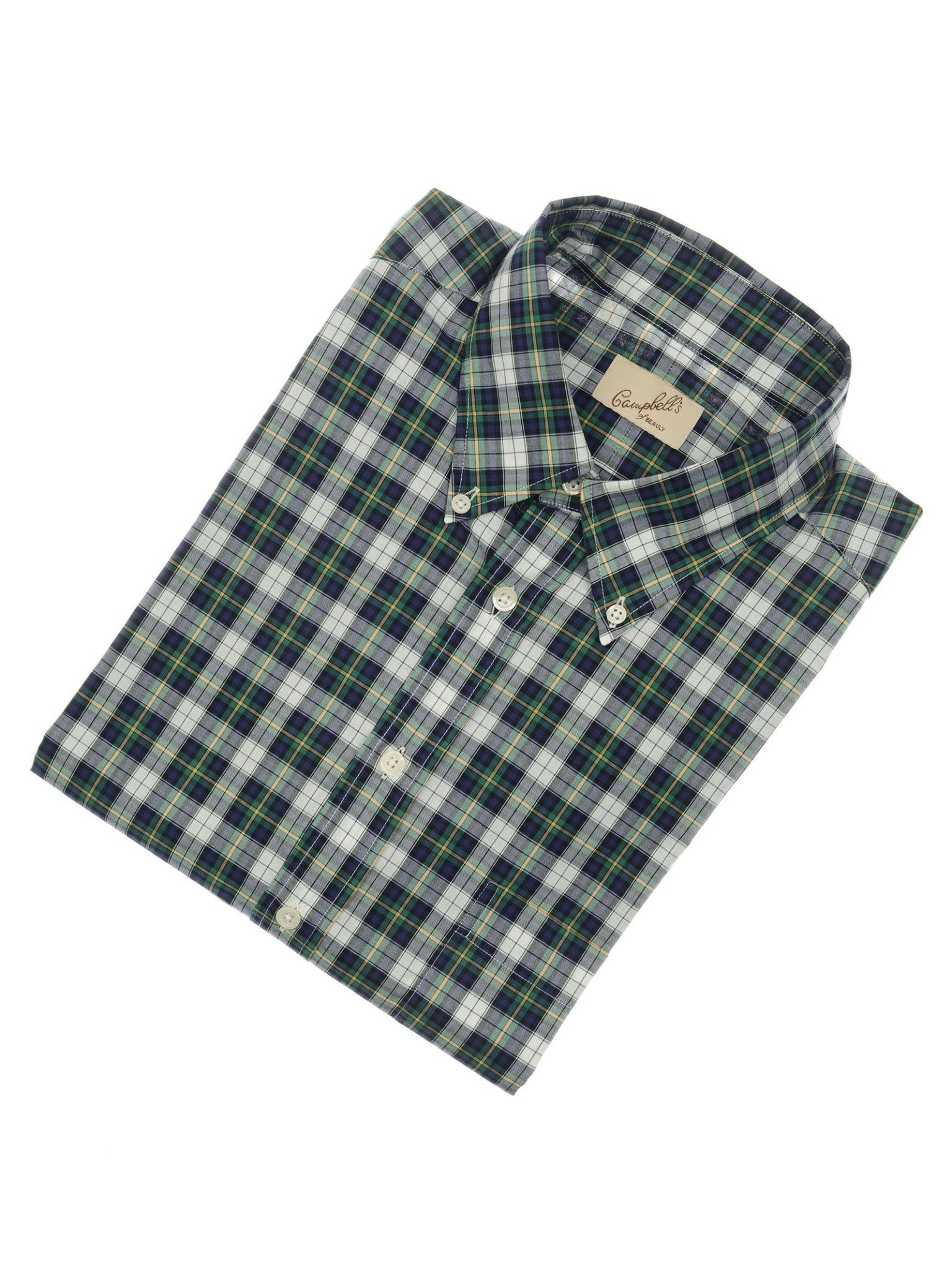 The Campbell's of Beauly Cotton Tartan Button Down Shirt features a summer-weight Dress Gordon pattern in green, blue, and white, with a button-down collar and a visible label inside.
