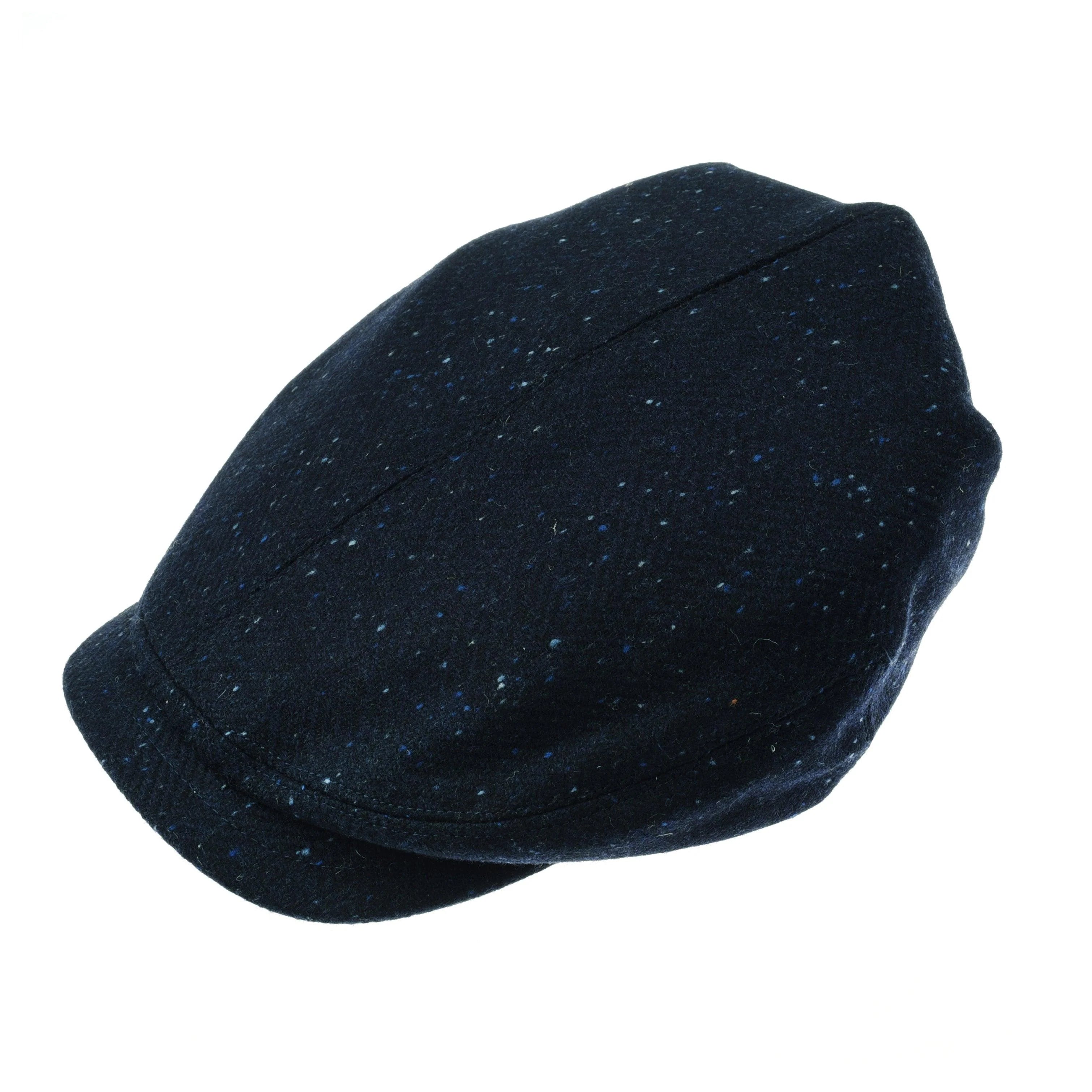 The Unisex Affric Cap by Campbell's of Beauly is a dark blue tweed flat cap with a short, rounded brim and subtle speckled pattern, inspired by traditional British caps and shown against a white background.