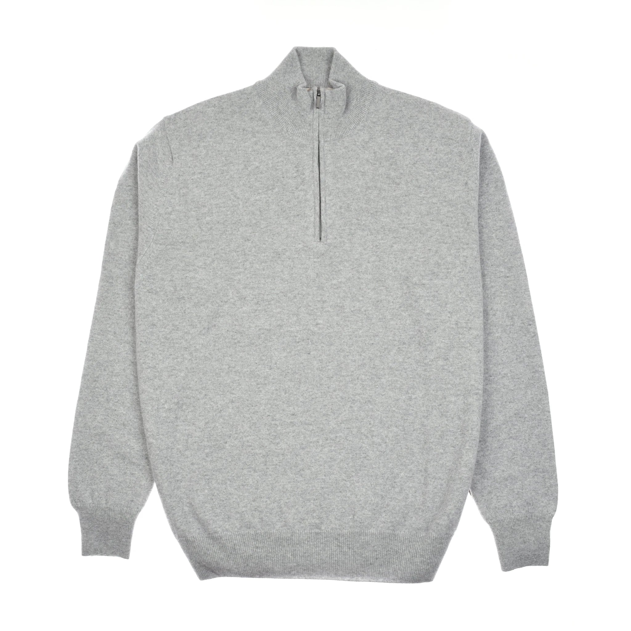 Campbell's of Beauly Auld Stock Merino & Cashmere Quarter Zip Jumper in light grey is a men’s long-sleeve knitwear piece with a half-zip collar, shown laid flat on a white background.