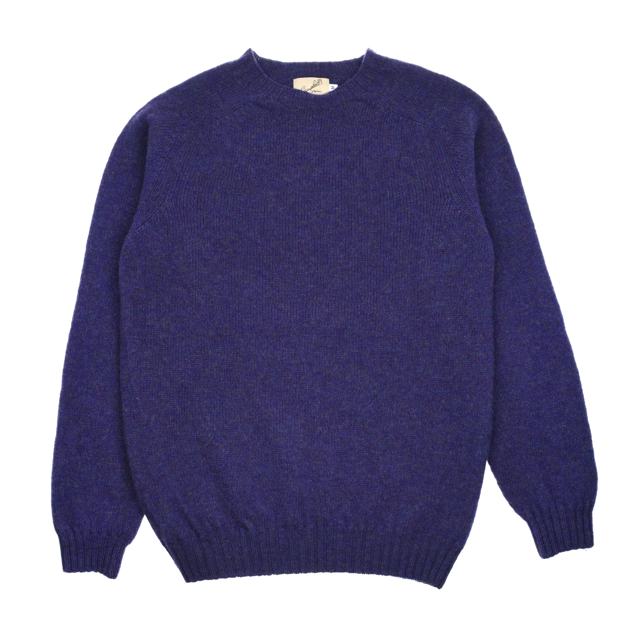 The Auld Stock Shetland Jumper by Campbell's of Beauly is a plain, long-sleeved crew neck in deep purple, crafted from soft Shetland lambswool and displayed flat on a white background.