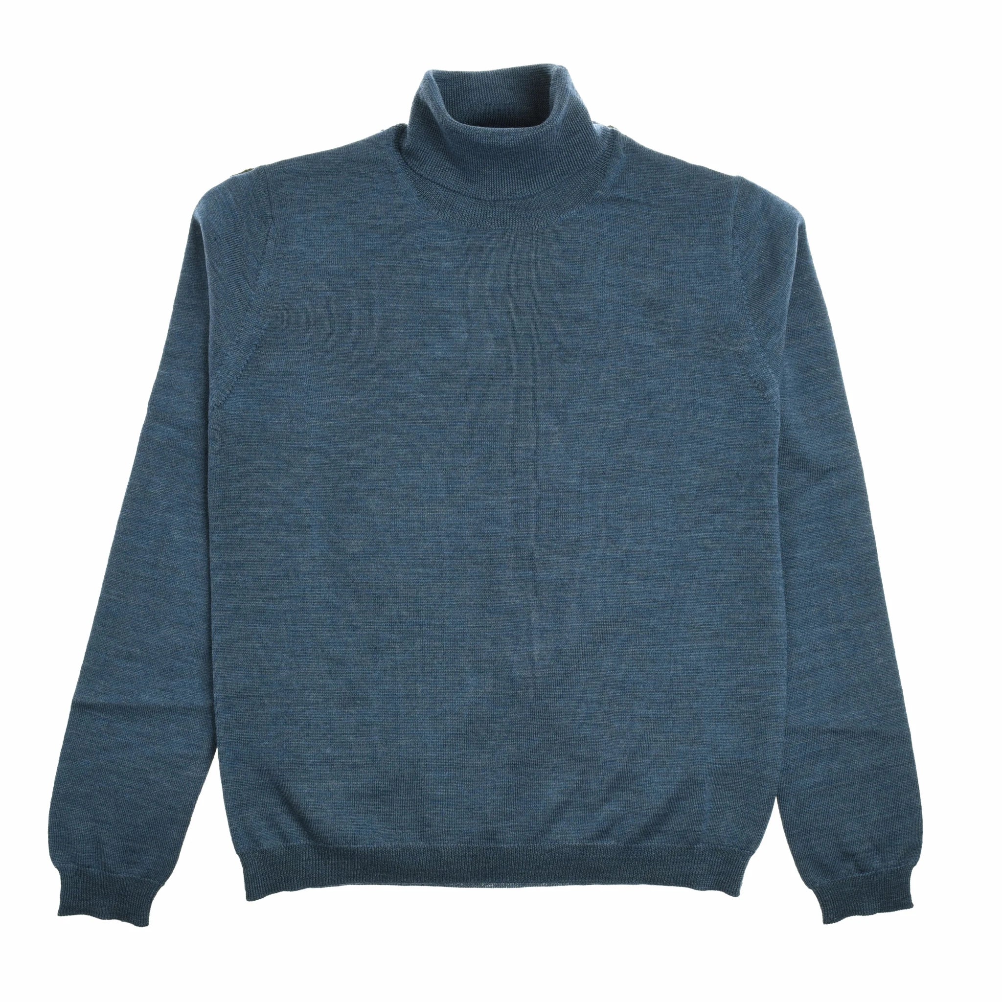 The Campbell's of Beauly Auld Stock Merino Poloneck is a plain, long-sleeved blue sweater in lightweight merino wool with ribbed collar, cuffs, and hem, shown laid flat on a white background.