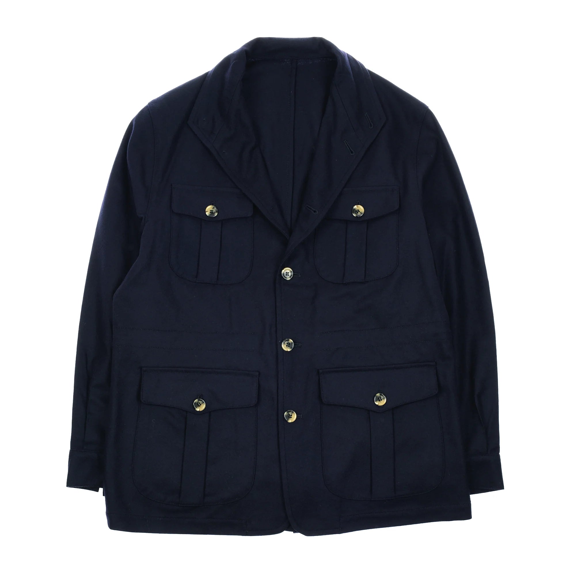 The Auld Stock Field Teba Jacket by Campbell's of Beauly is a navy blazer with four front flap pockets, gold buttons, a notched lapel, and a relaxed fit, inspired by the classic Teba Jacket.