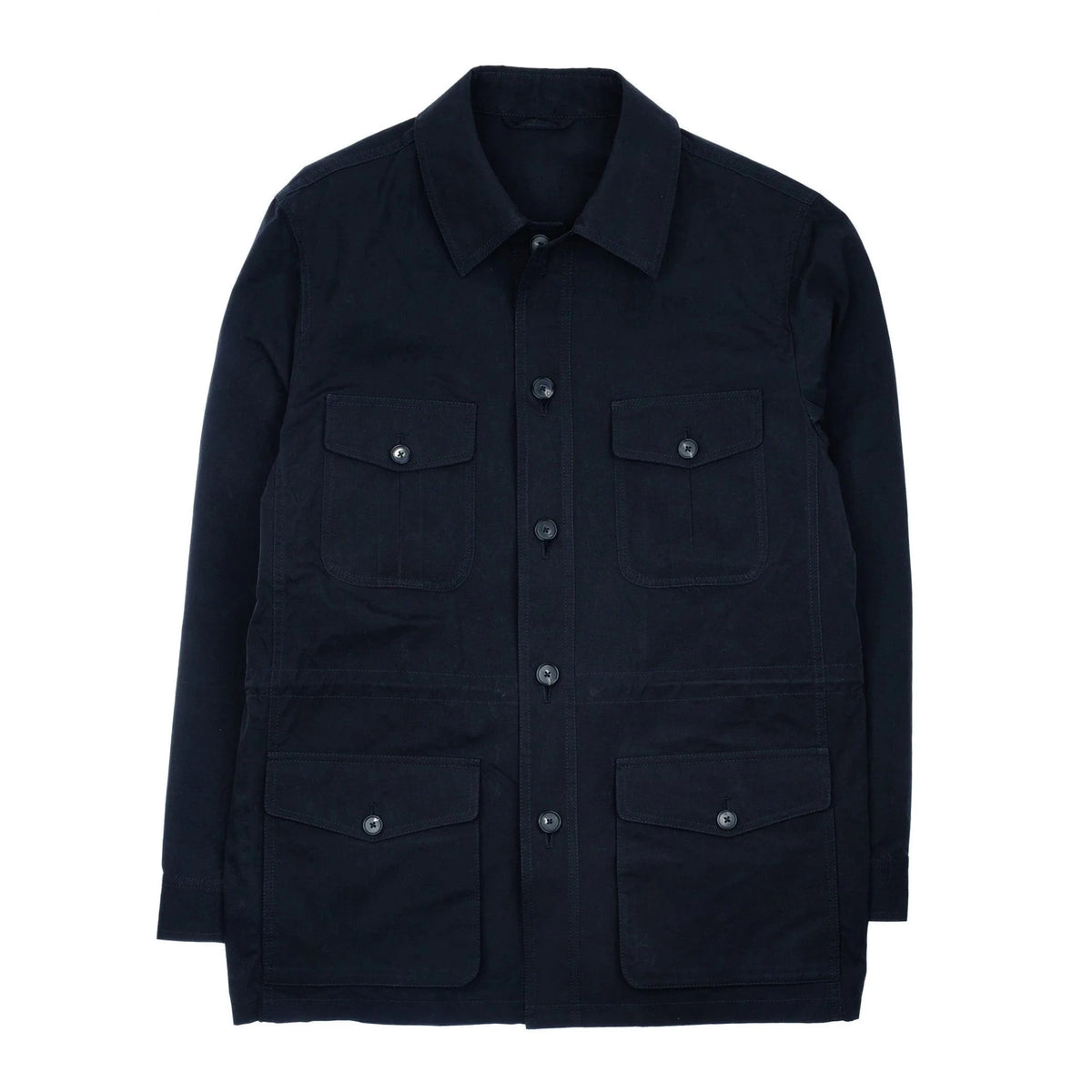 The Aigas Field Jacket by Campbell’s of Beauly is a black, water-repellent field jacket with a collar and four front pockets—two chest, two waist—displayed flat on a white background.
