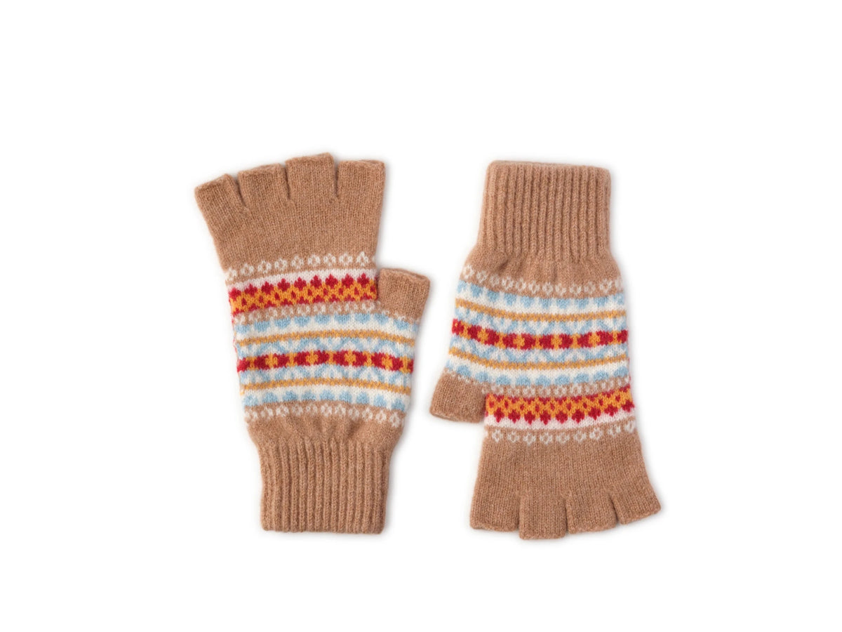 The Auld Stock Fairisle Half-Finger Gloves by Campbell’s of Beauly are brown fingerless knit gloves made from soft lambswool, adorned with red, yellow, white, and blue horizontal Fairisle patterns inspired by traditional Scottish knitwear, displayed on a white background.