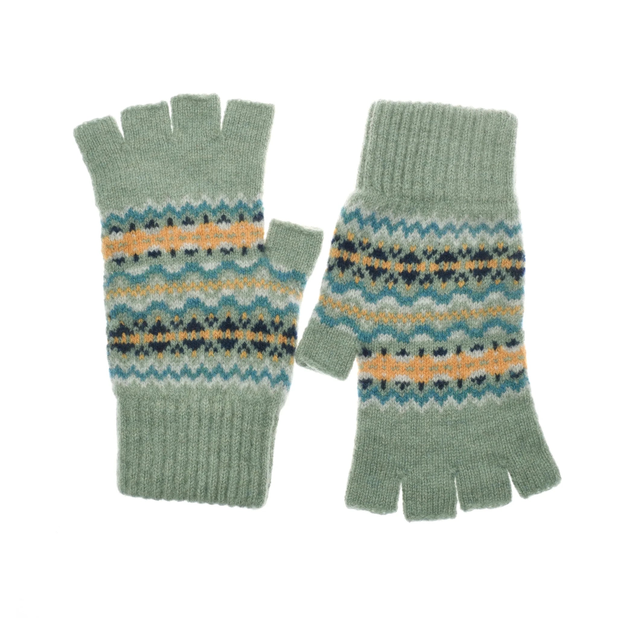 The Auld Stock Fairisle Half-Finger Gloves by Campbell’s of Beauly are expertly crafted in green lambswool and feature a striking fairisle pattern in blue, yellow, and dark green—an elegant example of Scottish knitwear displayed on a white background.