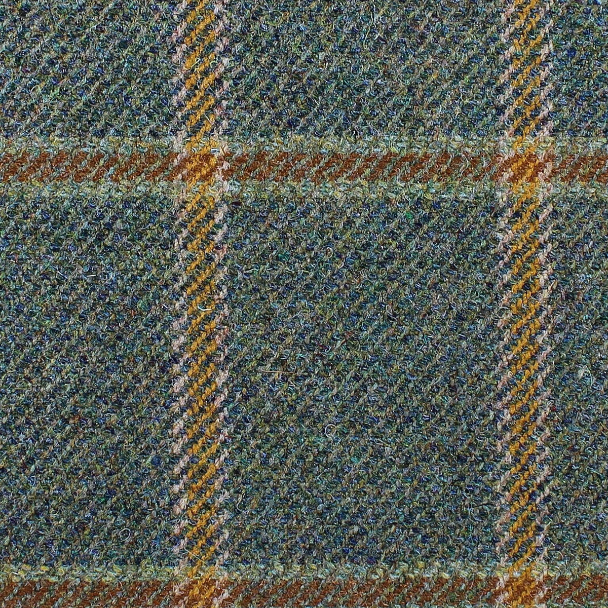 Estate Tweed 002 heavyweight wool in blue and green with a gold and brown windowpane check pattern.