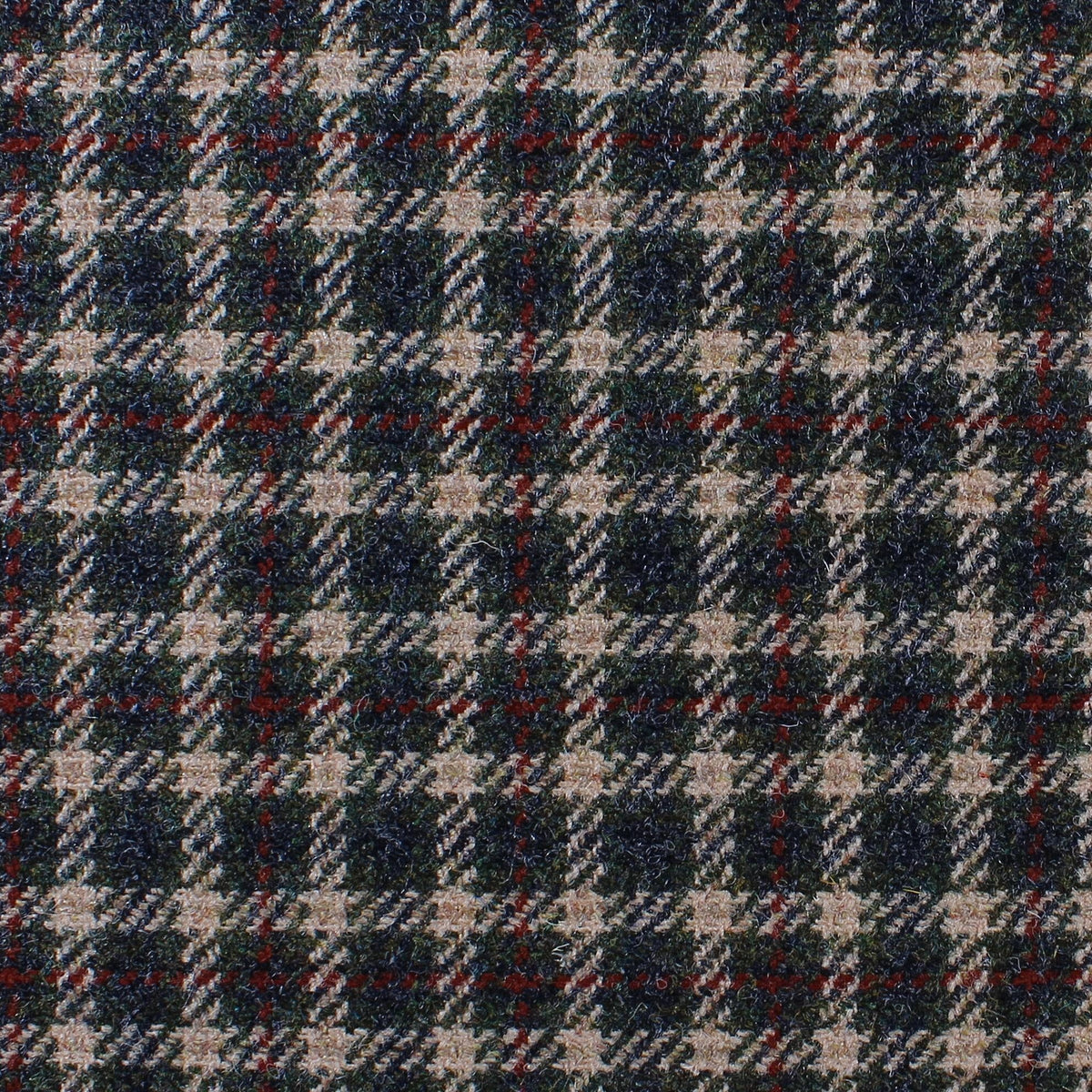 Lovat Mill Estate Tweed 003 heavyweight estate tweed fabric in a dark green, tan, and red plaid pattern.