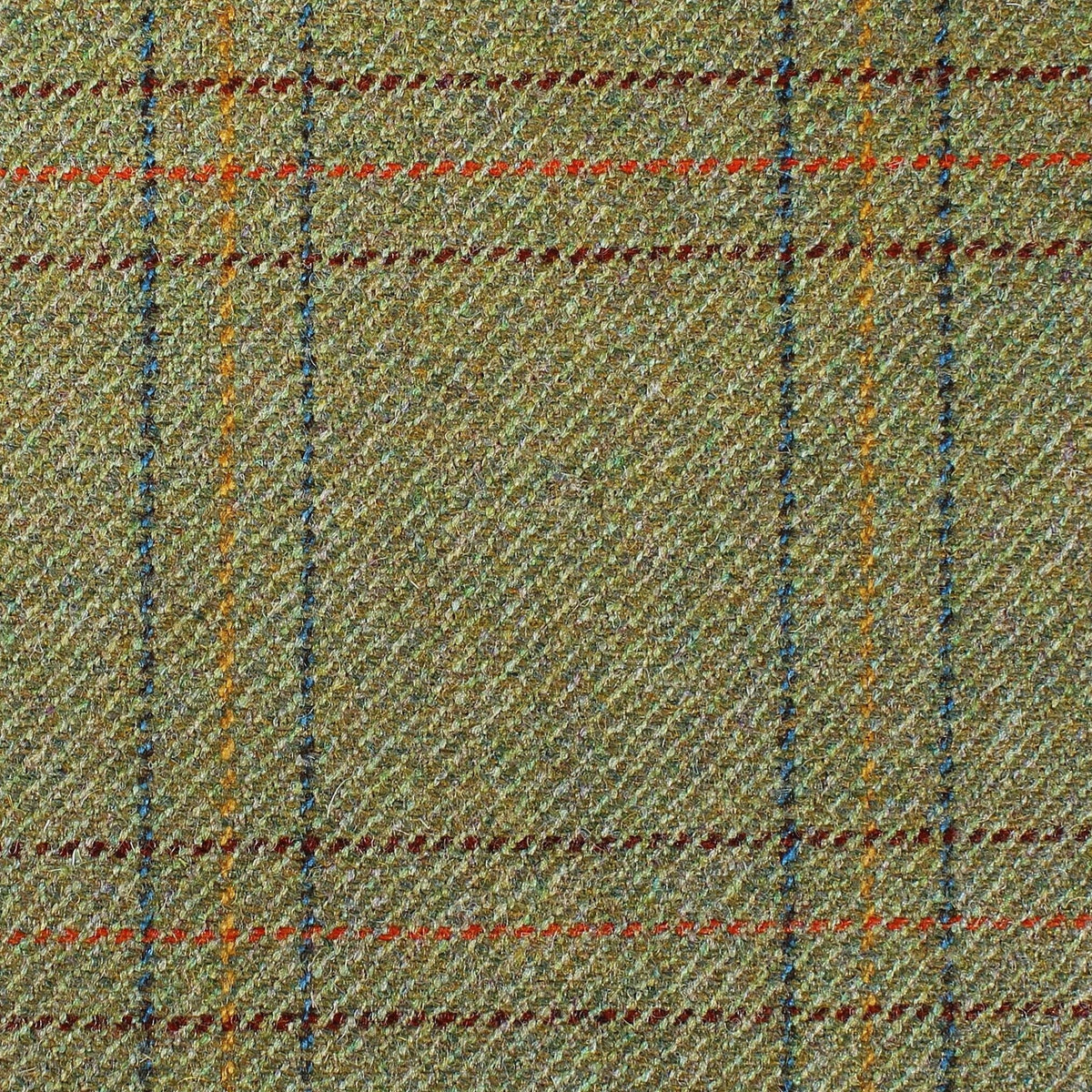 Estate Tweed 010 olive green estate weight tweed featuring a multi-colored plaid pattern of thin red, yellow, and blue lines.