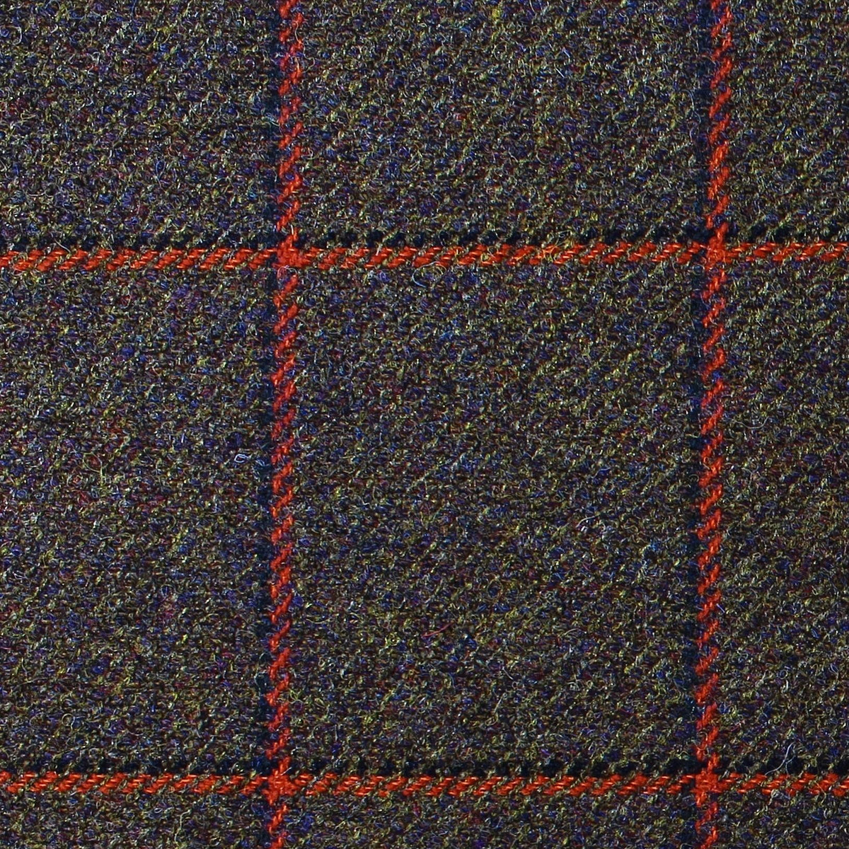 Estate Tweed 015 heavyweight dark olive green wool estate tweed featuring a dark blue and bright orange grid pattern.