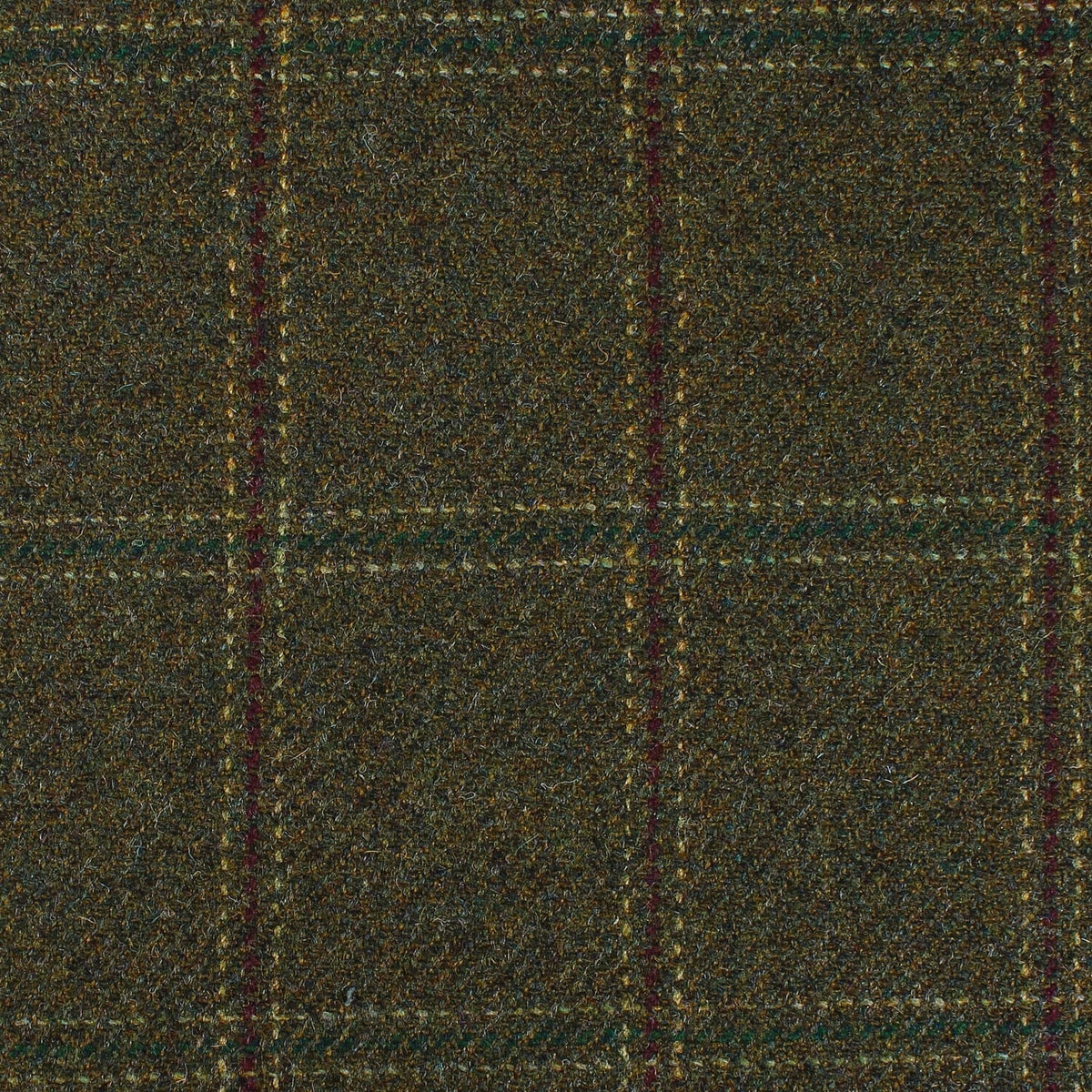 Lovat Mill Estate Tweed 016 is an olive green, heavyweight sporting cloth featuring a dark windowpane check pattern with thin red and gold lines.