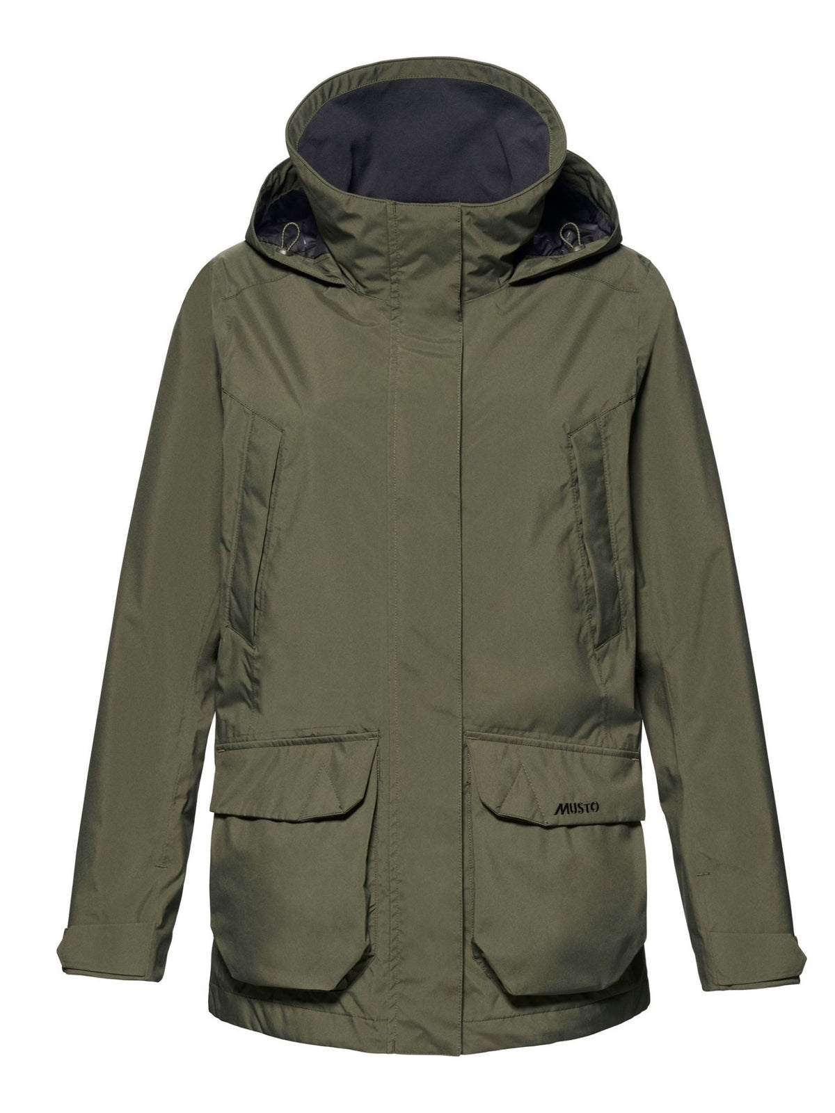 Introducing the Musto Fenland Jacket 3.0: a lightweight olive green waterproof jacket featuring a high collar, two spacious front flap pockets, and two slanted chest pockets—ideal for outdoor wear.