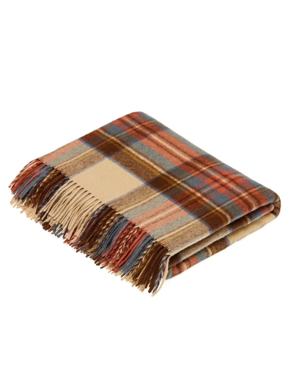 The Campbell’s of Beauly Lambswool Tartan Blanket features a folded design with fringe edges and a plaid pattern in beige, brown, blue, and rust-colored stripes—echoing the timeless appeal of traditional lambswool tartan throws and adding classic heritage style to any home.
