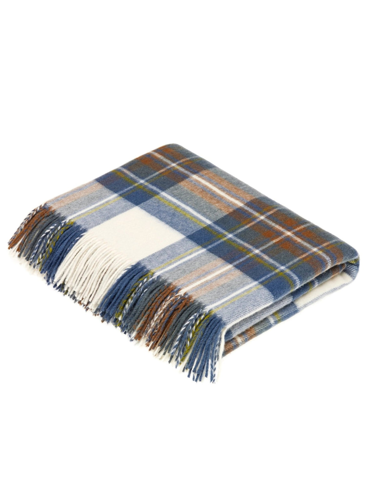The Campbell’s of Beauly Lambswool Tartan Blanket, featuring a classic blue, brown, green, and white plaid pattern with fringe edges, is displayed folded against a white background.