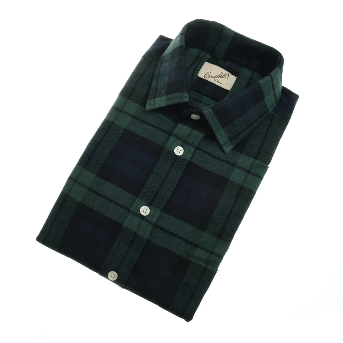 The Campbell’s of Beauly Tartan Shirt is a neatly folded, long-sleeve Black Watch tartan button-up made from soft brushed cotton, shown on a white background.