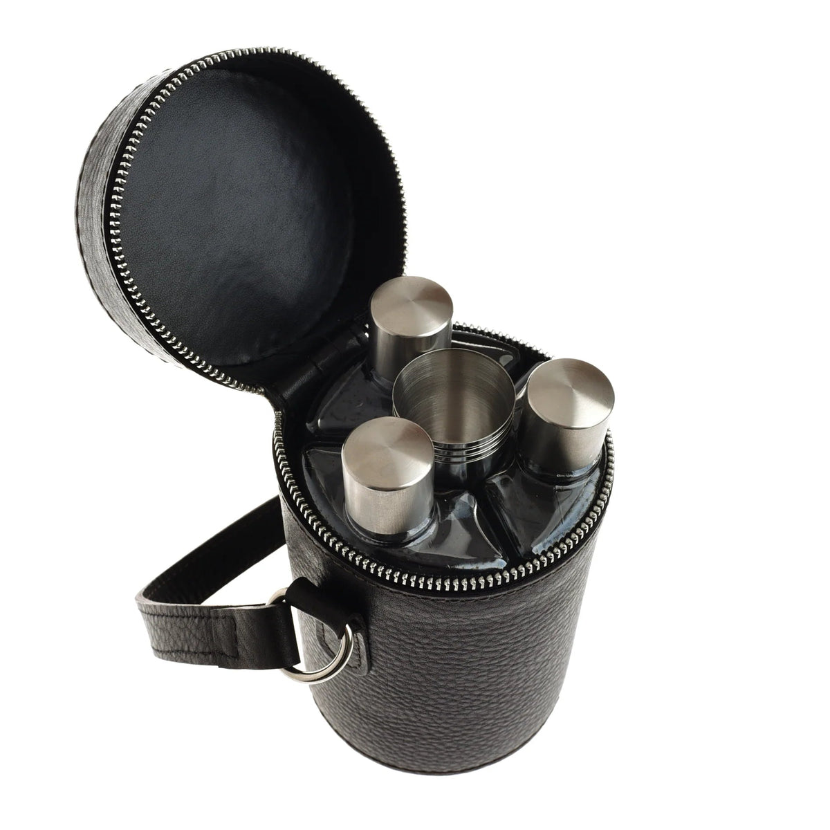 A black cylindrical zippered case containing a Campbell’s of Beauly Triple Flask Set of silver metal flasks for country pursuits.