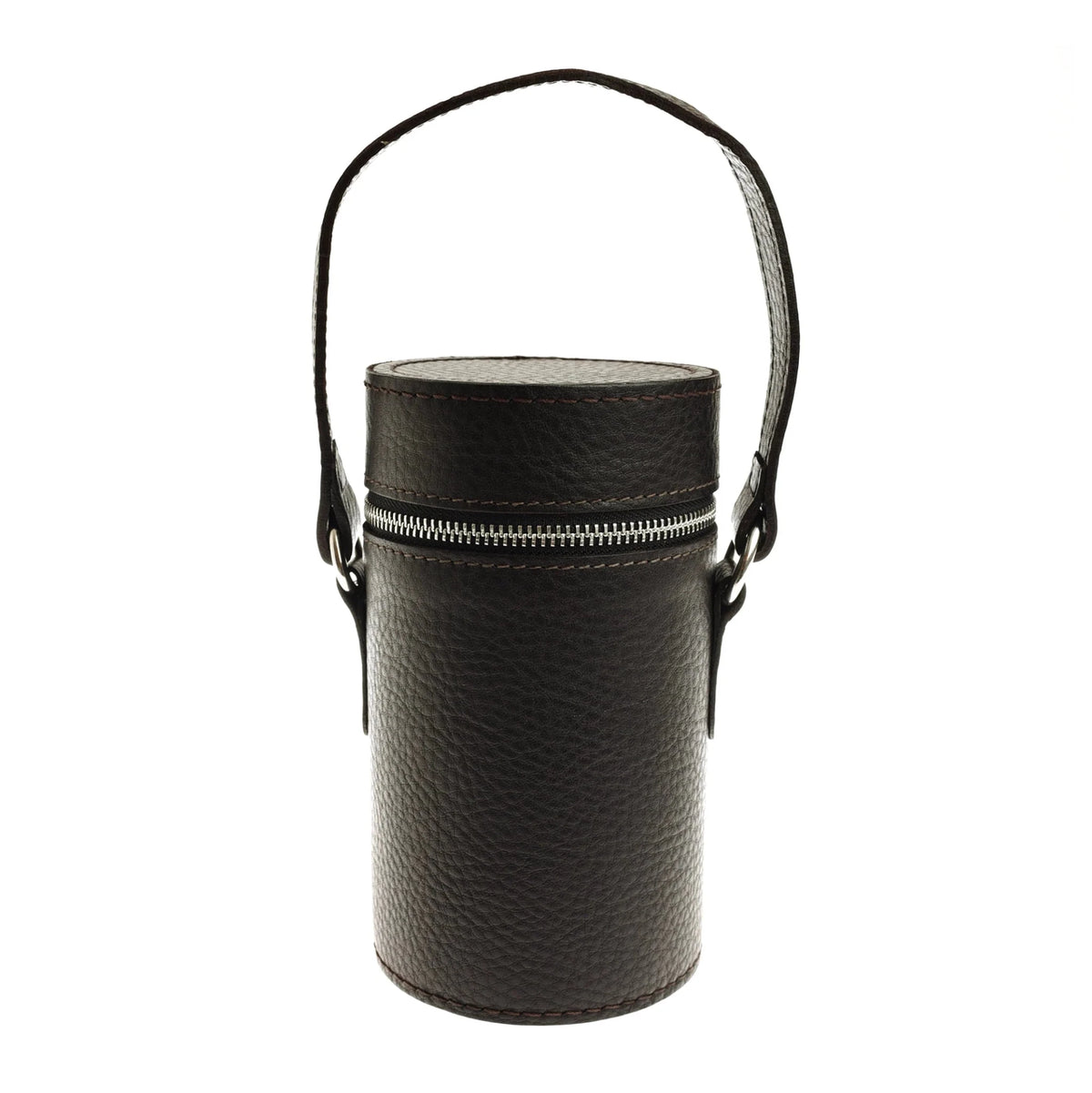 A Campbell’s of Beauly Triple Flask Set in a cylindrical dark brown leather case with a zipper closure, top handle, and three flasks designed for country pursuits.