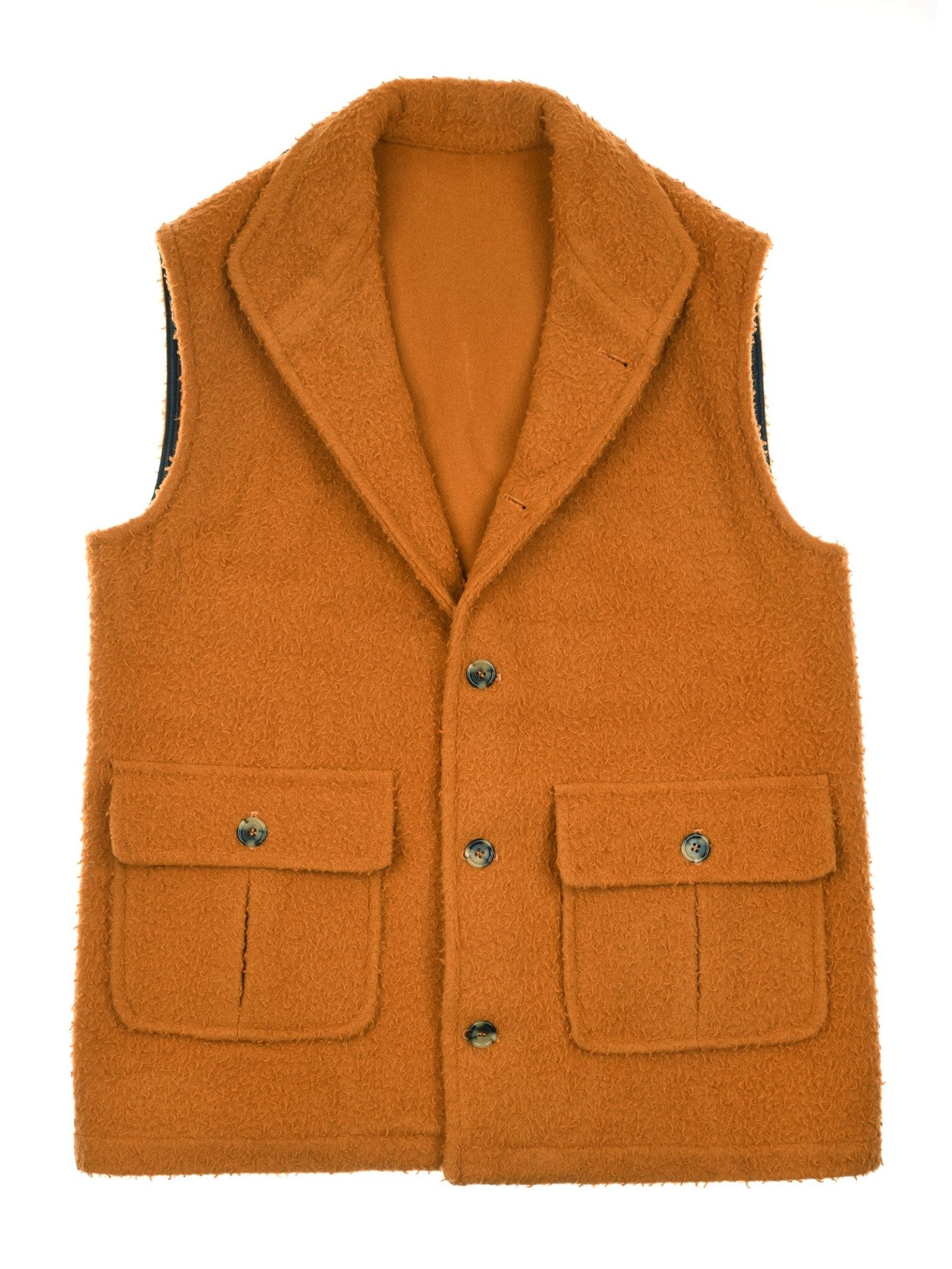 The Campbell's of Beauly Casentino Fleece Gilet is a sleeveless, orange-brown boiled wool vest with a wide collar, button-down front, and two large flap pockets, shown flat on a white background.