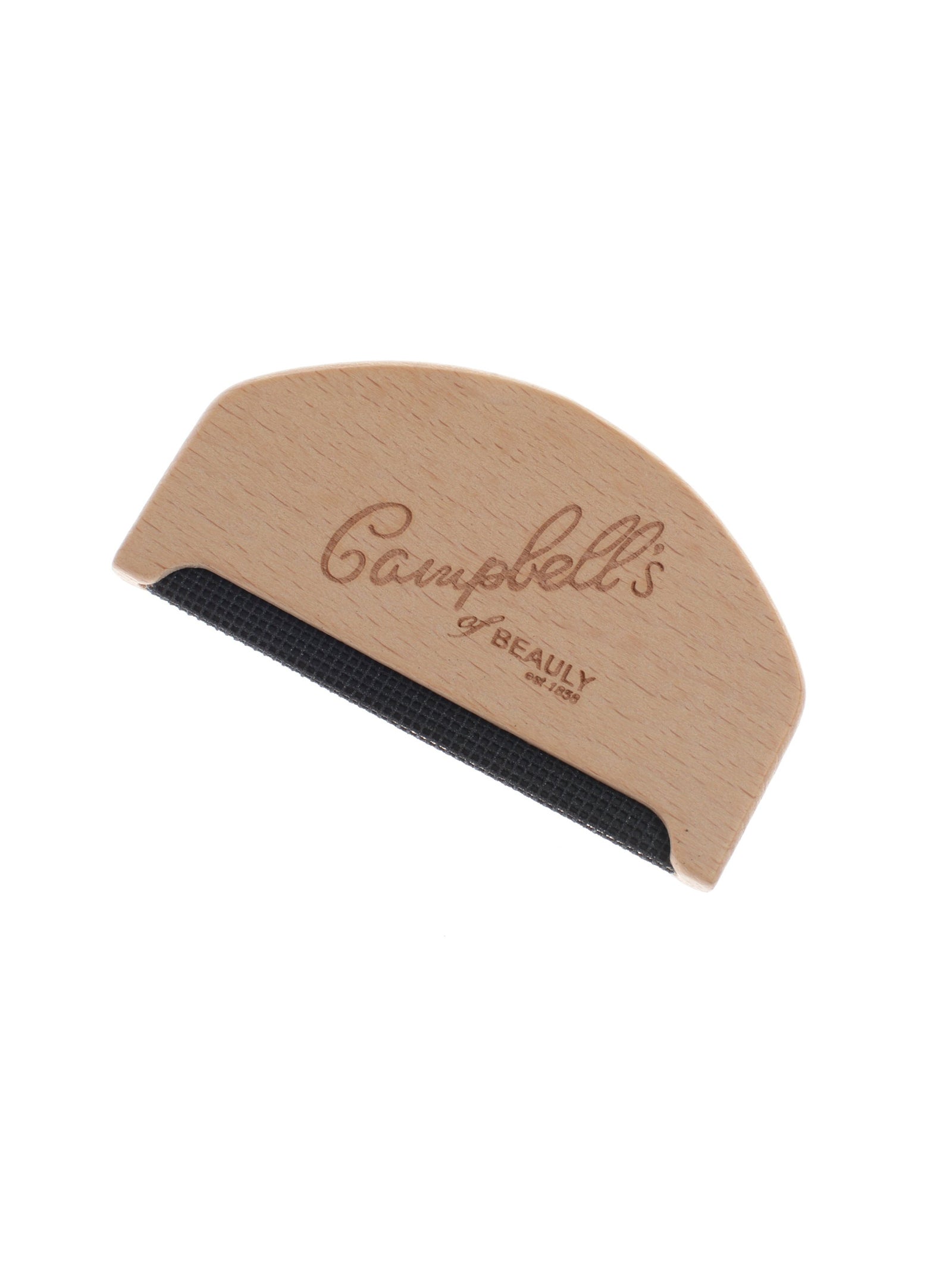 The Campbell's of Beauly Cashmere Comb is a wooden tool with a dark, textured edge, ideal for removing pilling and lint from knitwear or clothing.