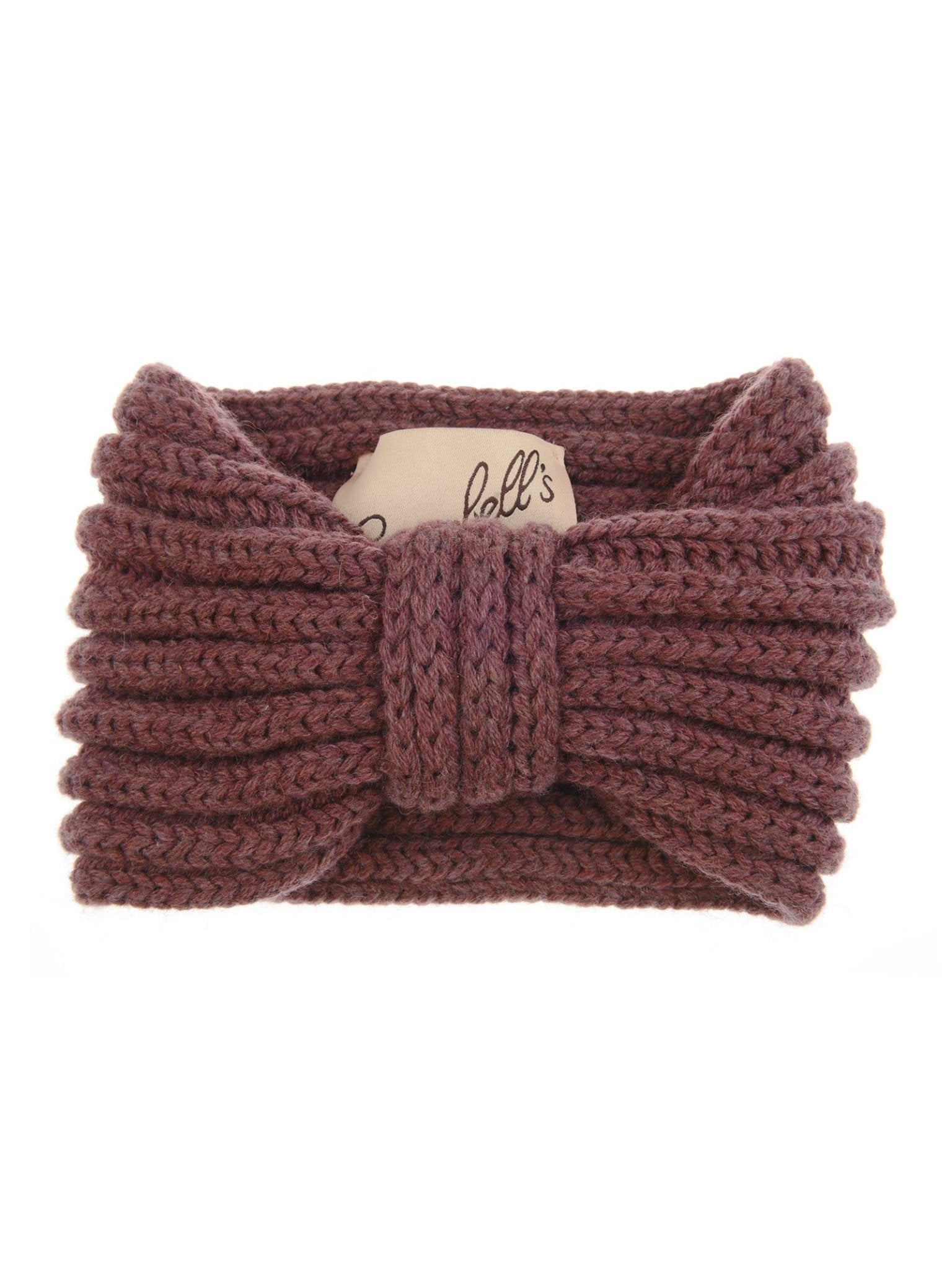 The Campbell's of Beauly Cashmere Ear Warmer is a ribbed, mauve, pure cashmere headband with a folded large bow on the front and a white label partially visible inside—perfect for cozy winter wear.