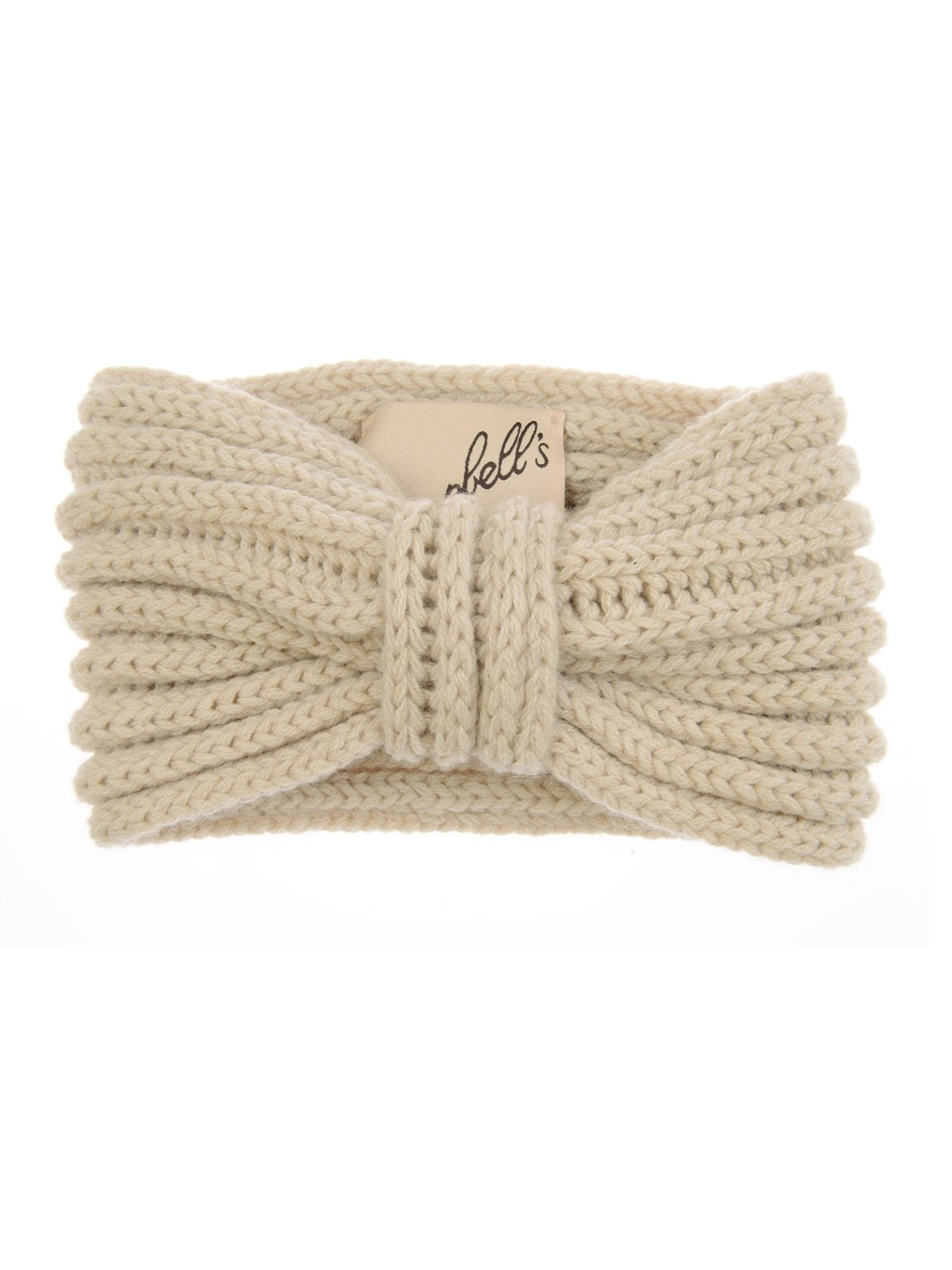 The Campbell's of Beauly Cashmere Ear Warmer is a cream-colored, pure cashmere headband with a central large bow—an elegant winter accessory shown on a white background.