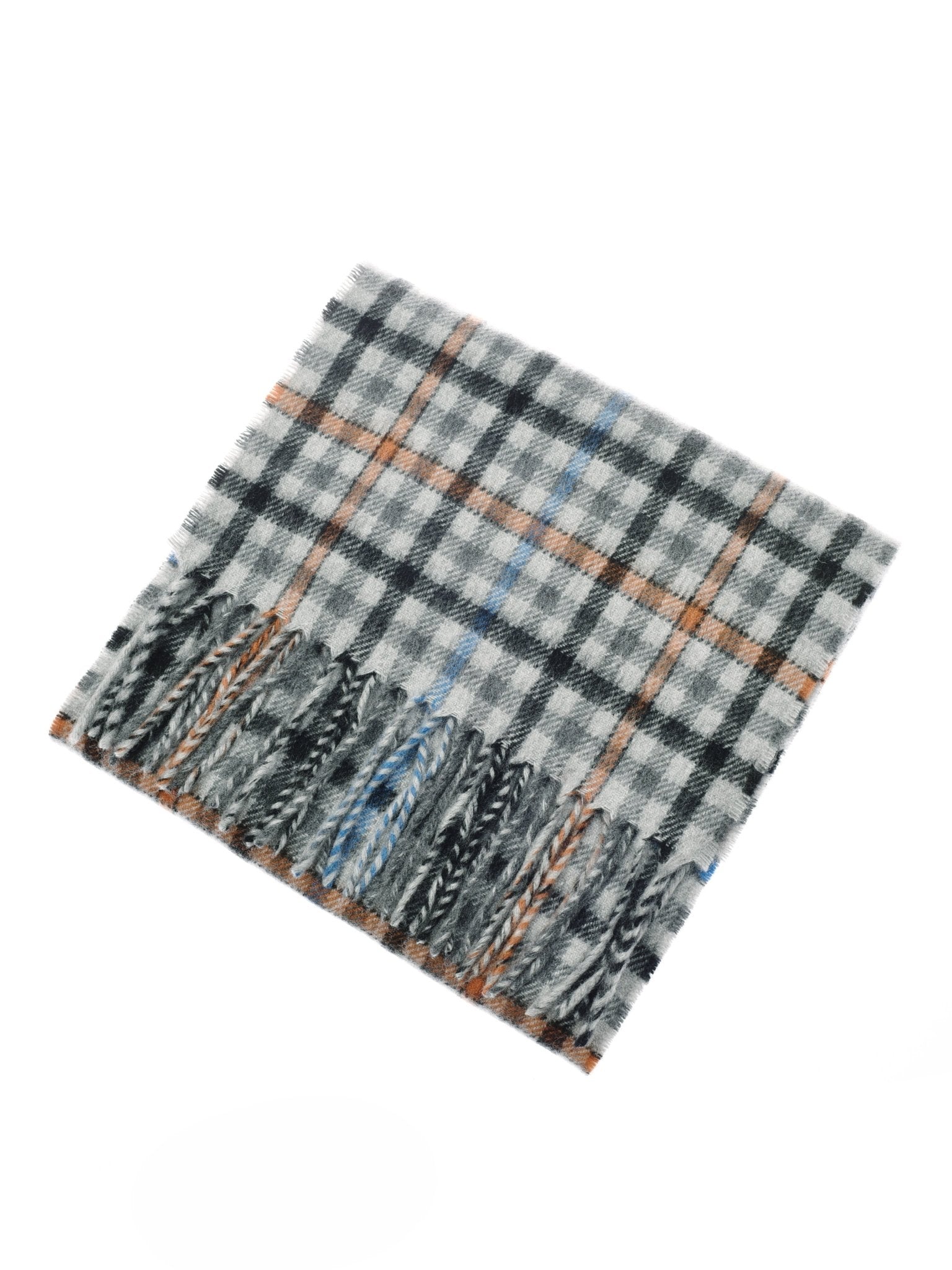 The Unisex Cashmere Scarf by Campbell's of Beauly features a gray, black, white, blue, and brown checkered pattern with fringed edges and is displayed folded on a white background.