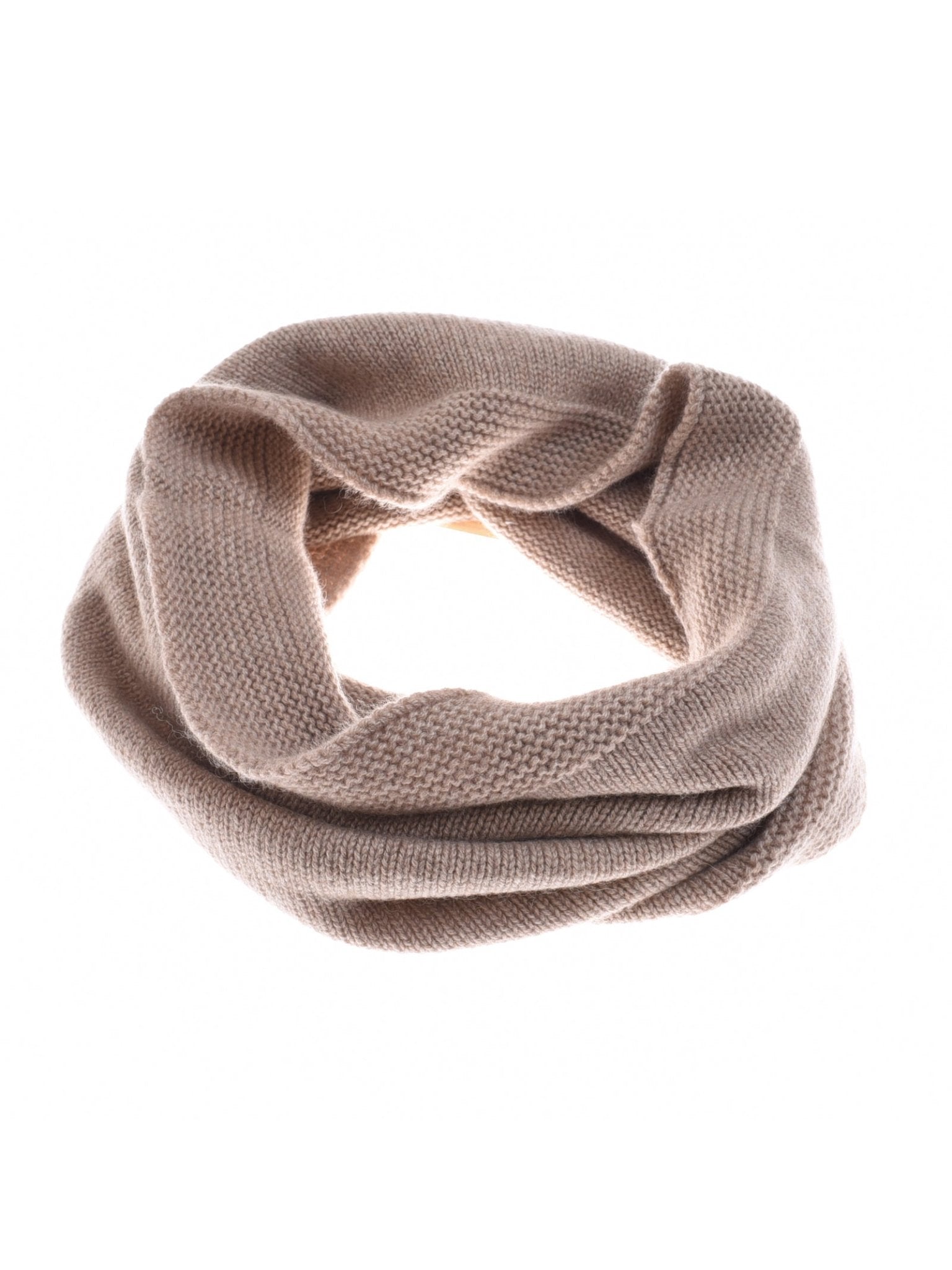 The Campbell's of Beauly Cashmere Snood, crafted in beige with a moss stitch knit, is displayed in a circular shape on a white background.