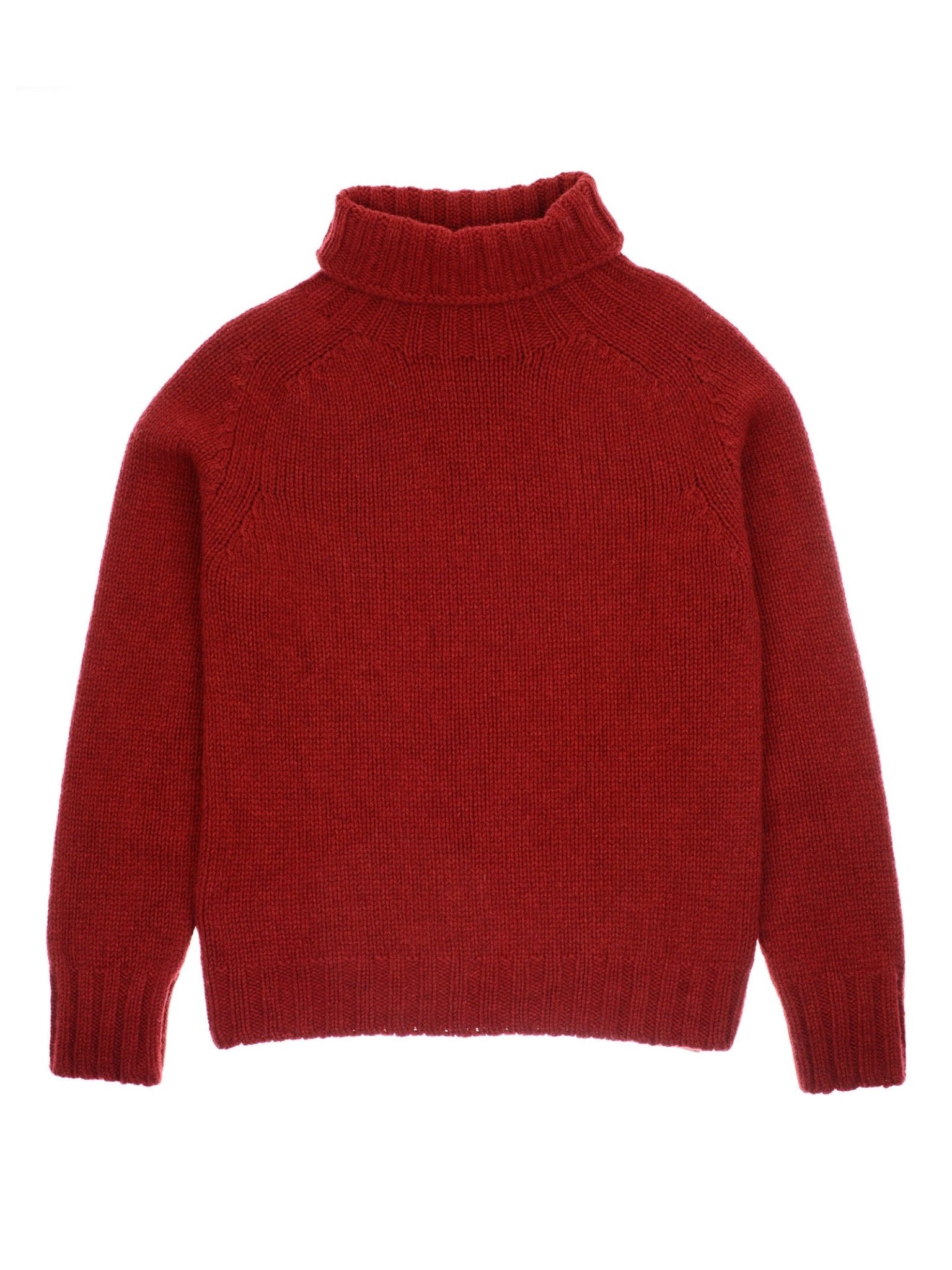 The Campbell's of Beauly Chunky Roll Neck Sweater is a long-sleeved red turtleneck with ribbed cuffs, hem, and collar, crafted in Scotland from supersoft wool and shown flat on a white background.