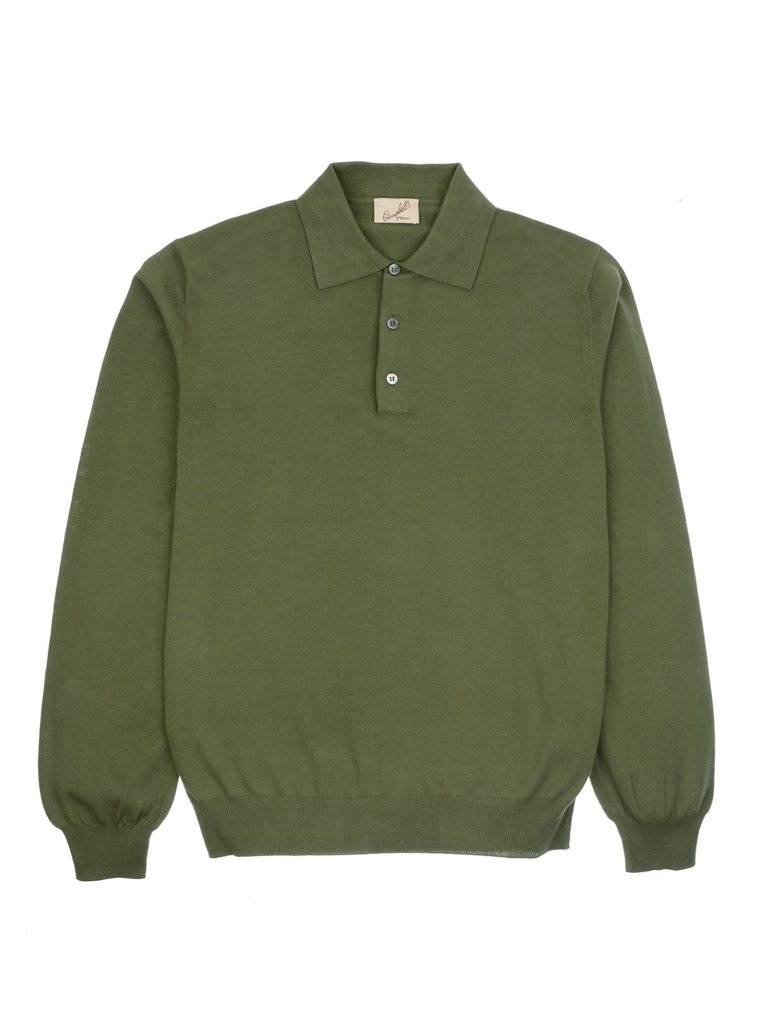 The Campbell's of Beauly Cotton Rugby is an olive green long-sleeve polo sweater, crafted from premium Egyptian cotton with a collar, three buttons, and ribbed cuffs and hem, shown laid flat on a white background.