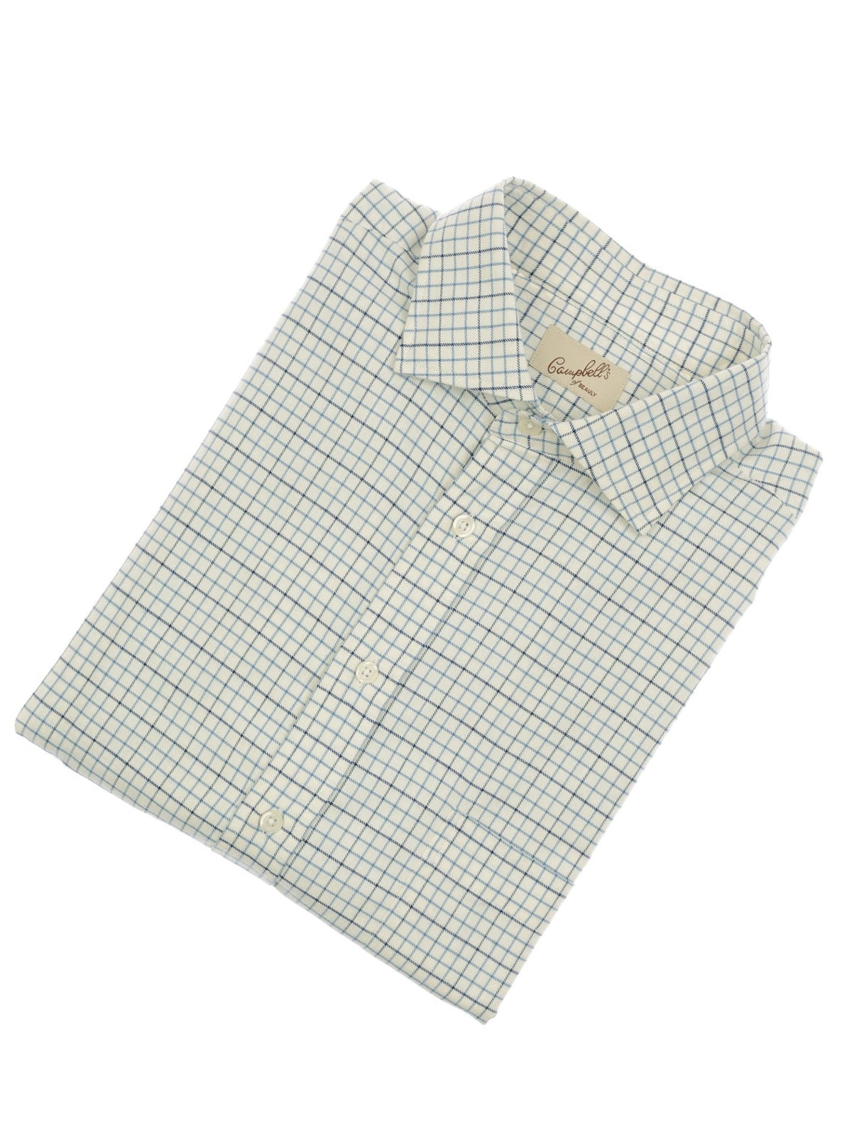 The Windowpane Shirt by Campbell’s of Beauly features a neatly folded, long-sleeved button-up design with a small green and blue checkered pattern on a white background, crafted from soft brushed cotton for enhanced comfort.