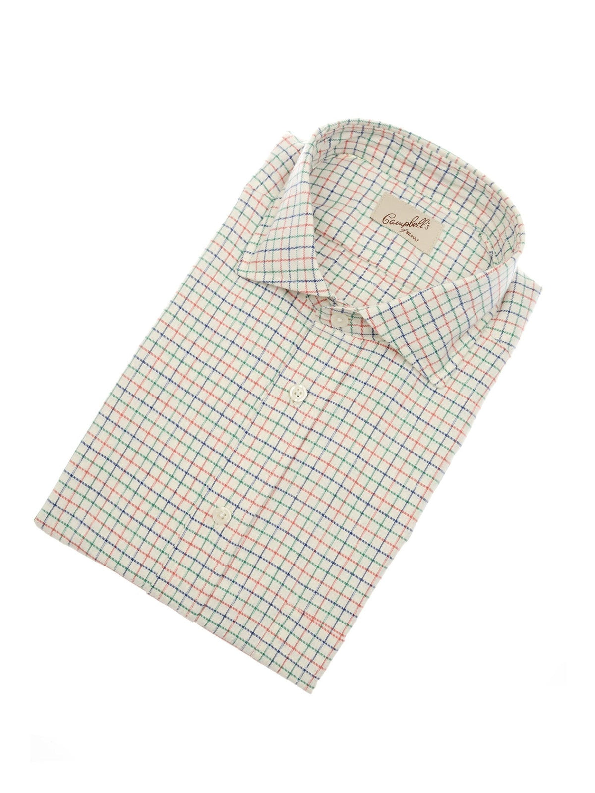 A neatly folded Campbell’s of Beauly Windowpane Shirt, featuring long sleeves and a button-up front, showcases a white base adorned with a vibrant plaid pattern of red, blue, and green lines, displayed against a clean white background.