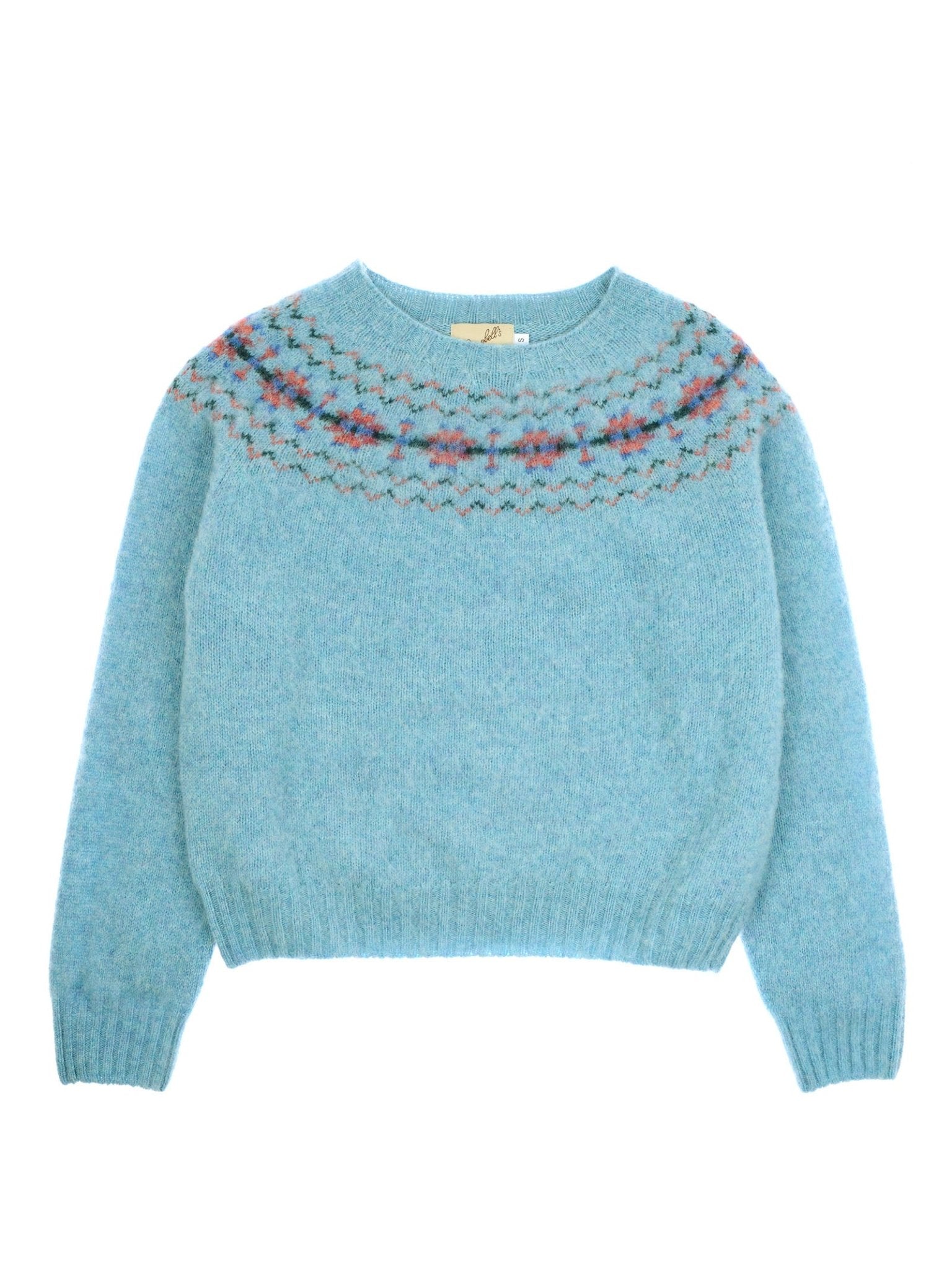Campbell's of Beauly Shaggy Cropped Fairisle Crew Jumper in light blue features long sleeves, a round neck, and a colorful pink, red, and blue patterned yoke. Crafted from Pure New Wool for a soft, fuzzy feel.