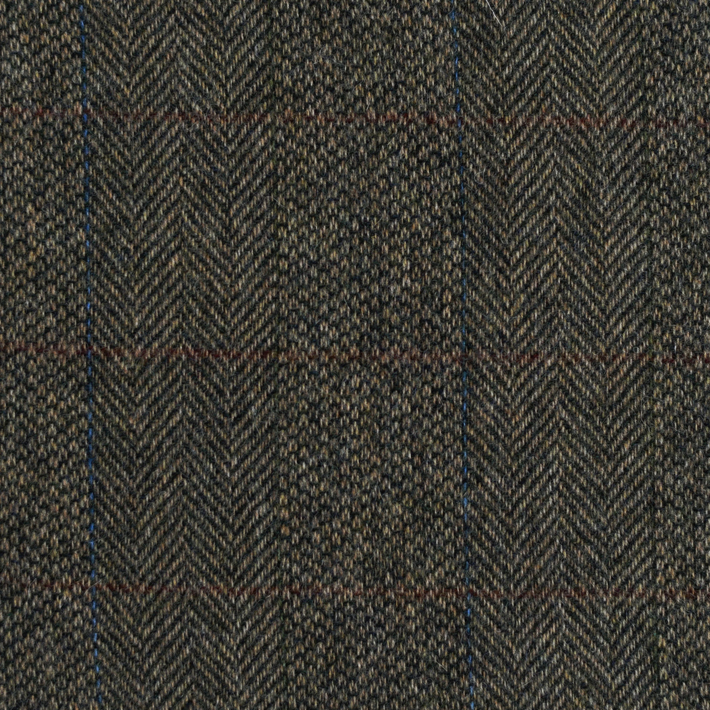 Close-up of Campbell's of Beauly House Tweed 11059: a vintage Shetland jacketing-weight tweed, 100% wool, with a brown-grey-green herringbone pattern and thin blue and red stripes running both vertically and horizontally.