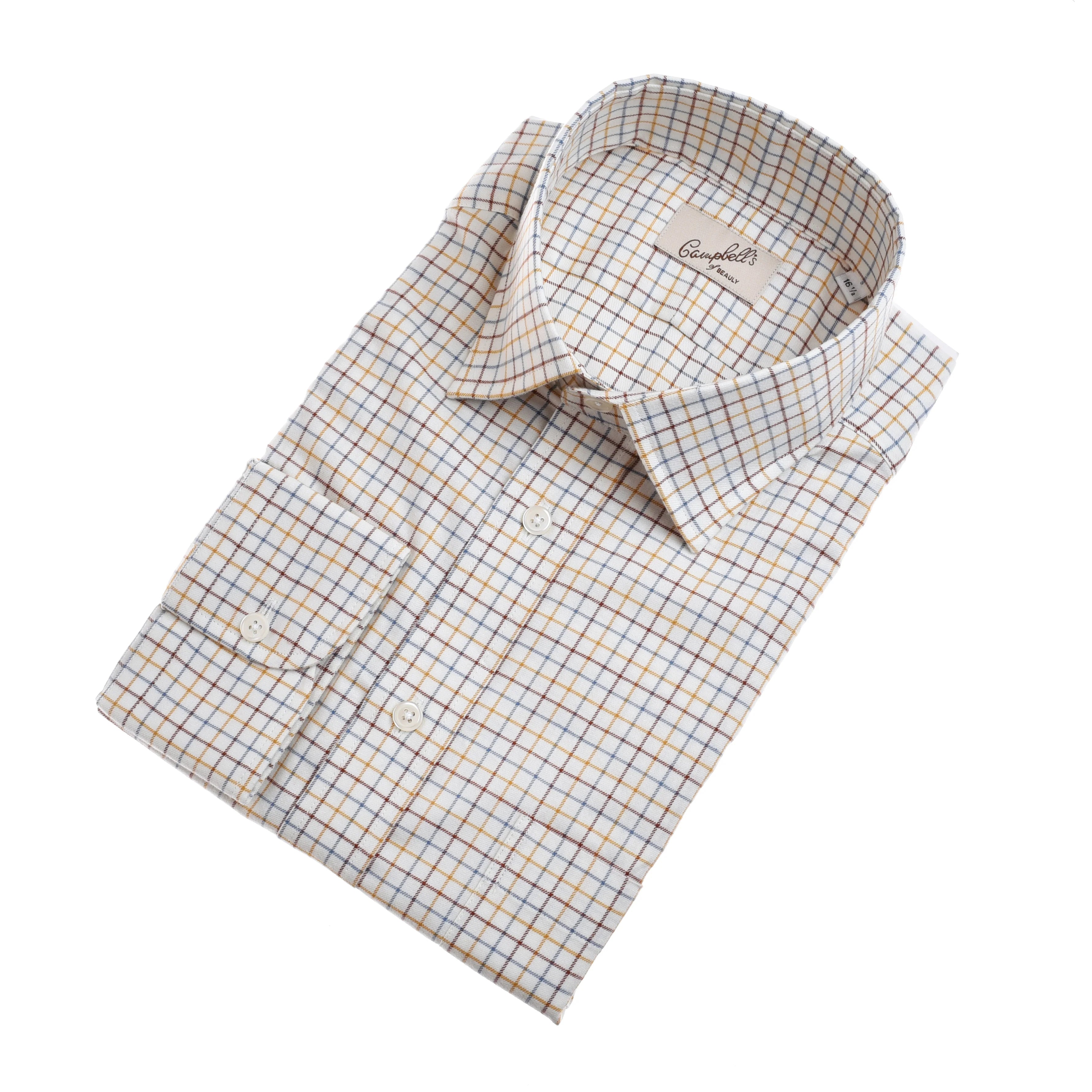 The Campbell's of Beauly Windowpane Shirt features long sleeves and a white base with blue and brown checks, neatly folded and displayed on a plain white background.