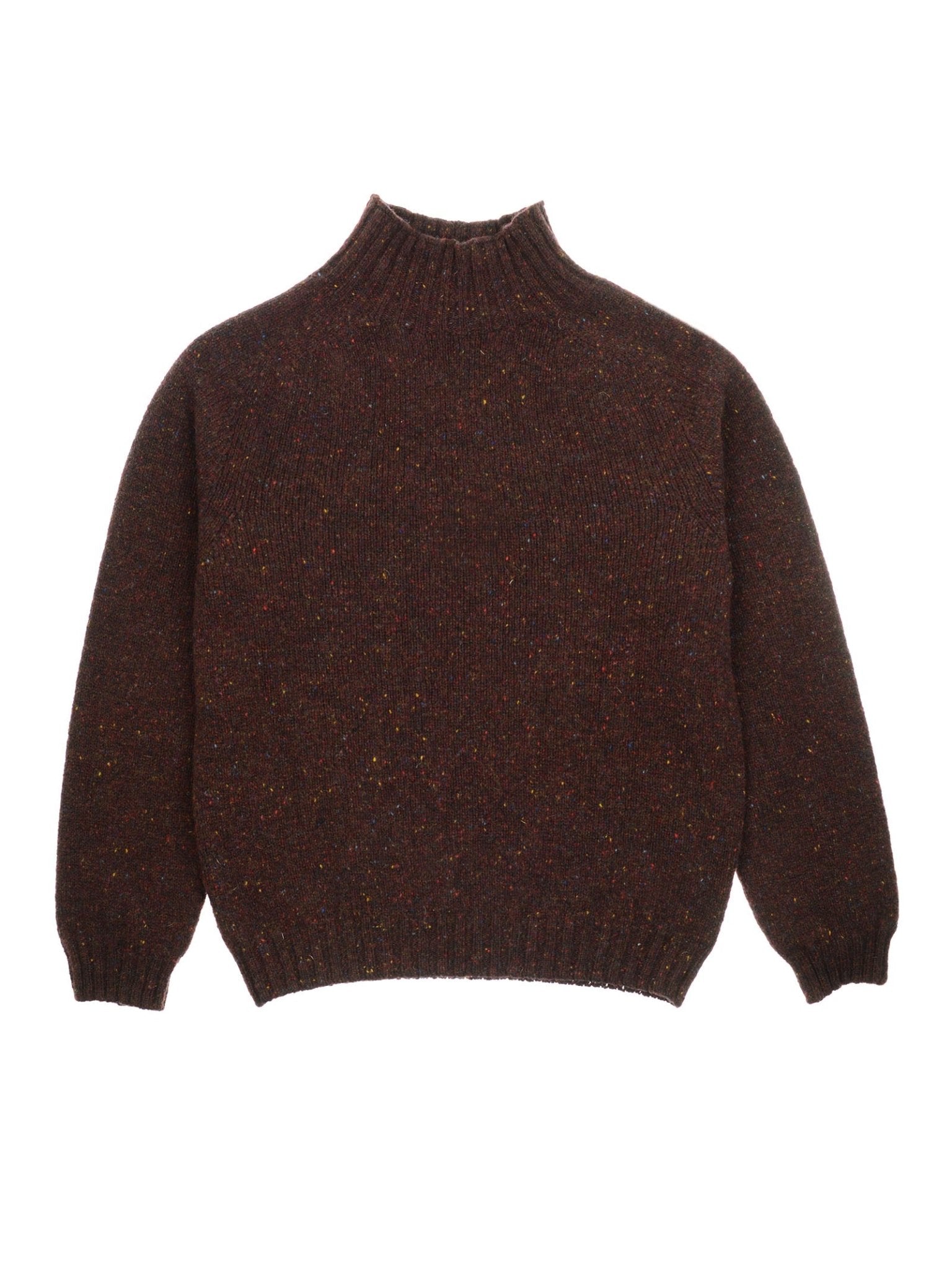 The Campbell's of Beauly Donegal Lambswool Funnel Neck Jumper in Loganberry features long sleeves, ribbed cuffs, waistband, and collar, shown flat on a white background.