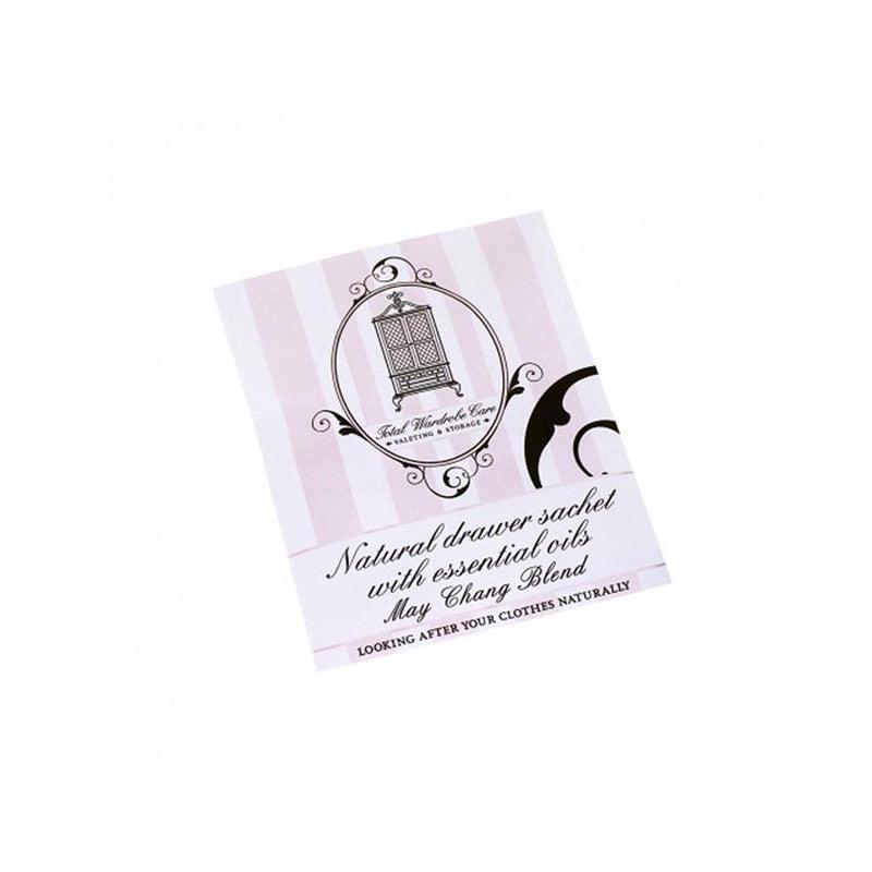 The Total Wardrobe Care Anti-Moth Drawer Sachet features a vintage wardrobe on a pink and white striped sachet, reading "Natural drawer sachet with essential oils May Chang Blend." Handmade in the UK, it uses natural essential oils.
